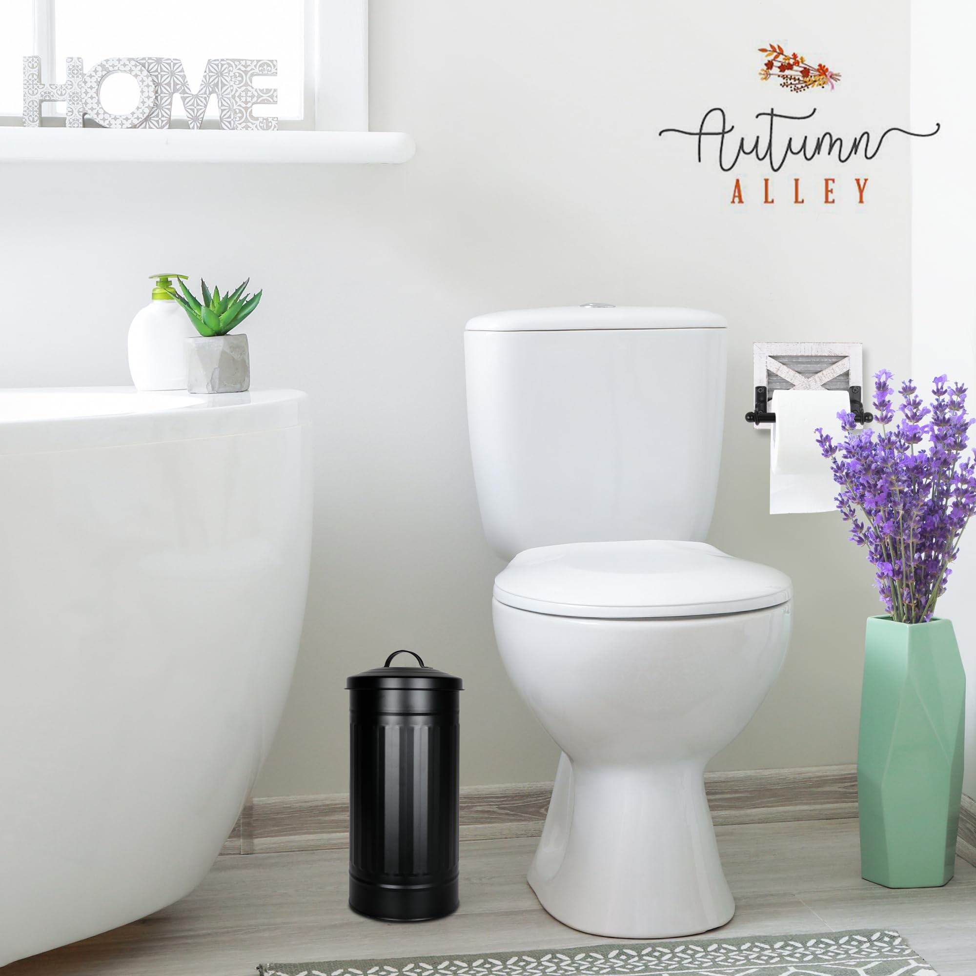 Autumn Alley Black Toilet Paper Reserve Holder Canister with Lid - Vertical Rustproof Free-Standing Farmhouse Metal Toilet Tissue Caddy for 3 Mega Rolls  Rustic Behind/Beside Toilet Storage Stand