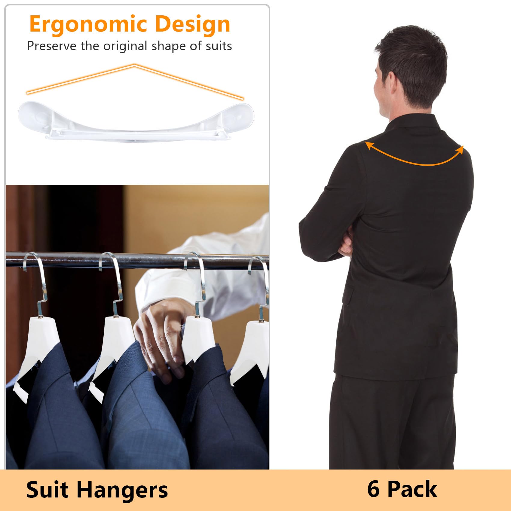 Suit Hangers For Men 6 Pack, Extra Wide Hangers Non Slip Width 17.7'', White Coat Hangers Thick Plastic With Pants Bar 360 Swive