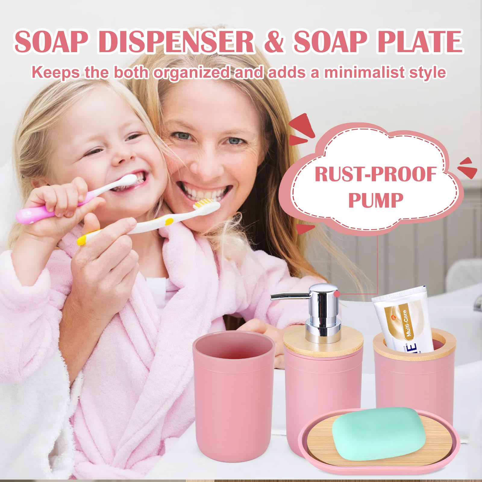Imucci 9Pcs Pink Bathroom Accessories Set - With Trash Can,Toilet Brush,Toothbrush Holder, Lotion Soap Dispenser, Soap Dish,Toot