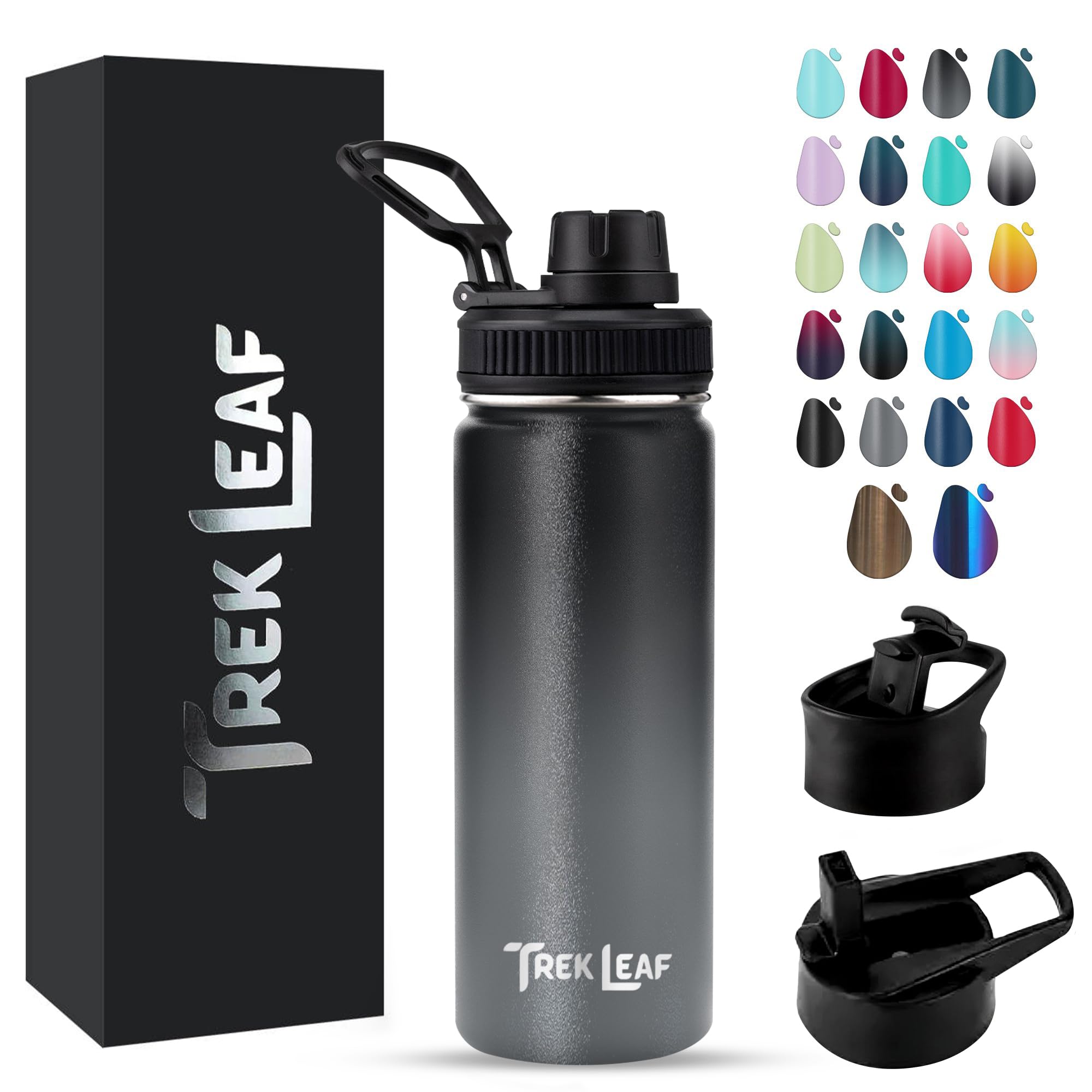 Trek Leaf Travel Water Bottle with 3 Lids (Spout, Straw, Flip) Leak Proof, Quality, Vacuum Insulated, Stainless Steel (Charcoal 