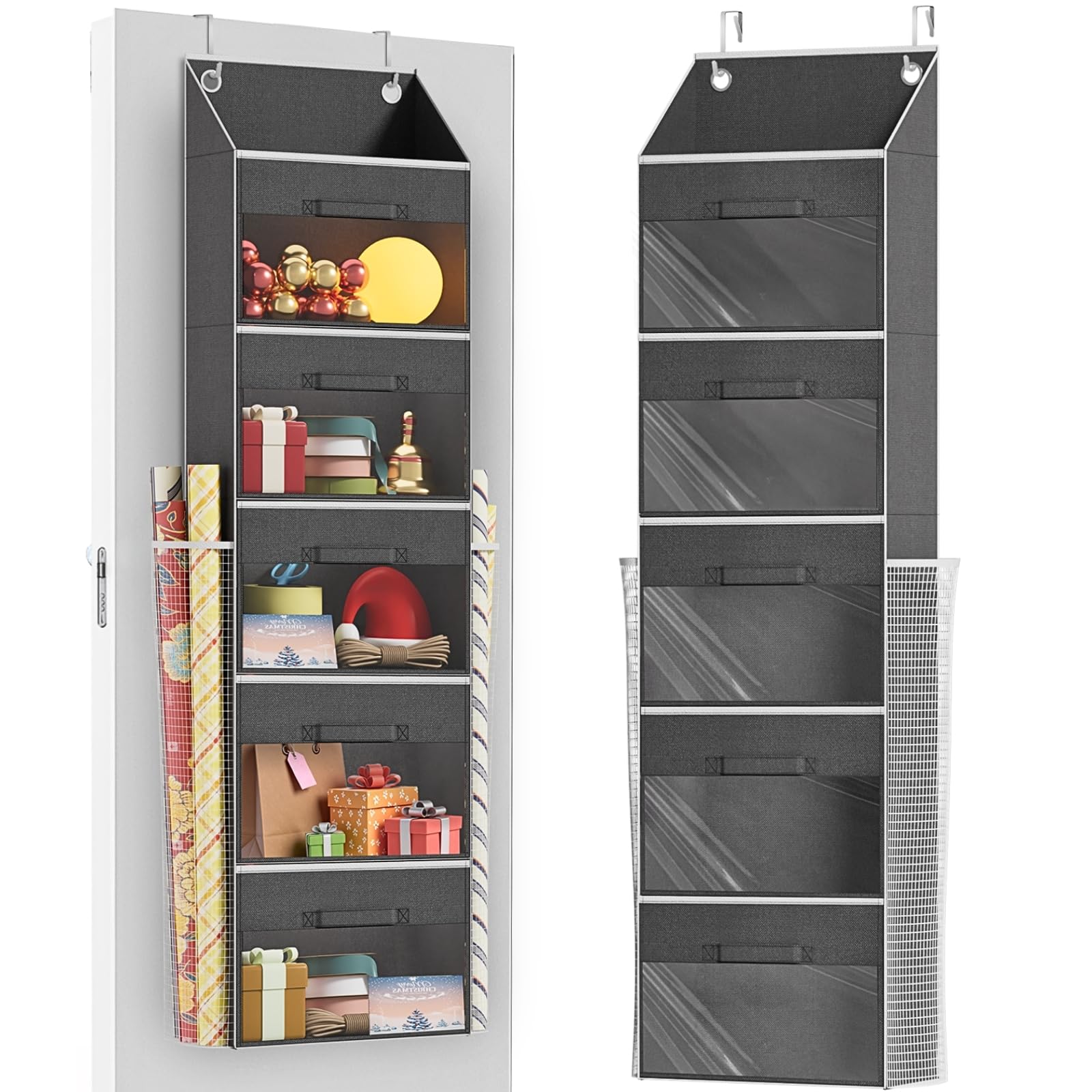 Ofiray-home Over Door Wrapping Paper Organizer Storage with 5 Removable Drawers & 2 Large Side Pockets for Gift Wrap Rolls Wrap 