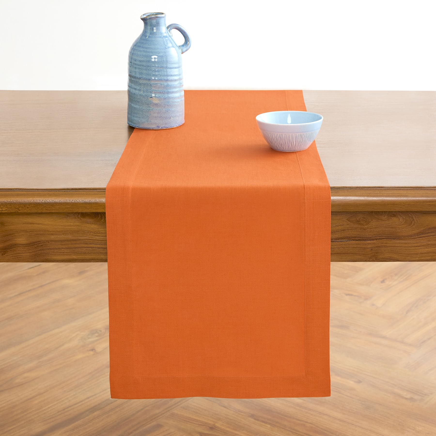 Solino Home Linen Table Runner 108 Inches Long - 100% Pure Linen Persimmon Orange Dining Table Runner 14 x 108 Inch for Fall, Au