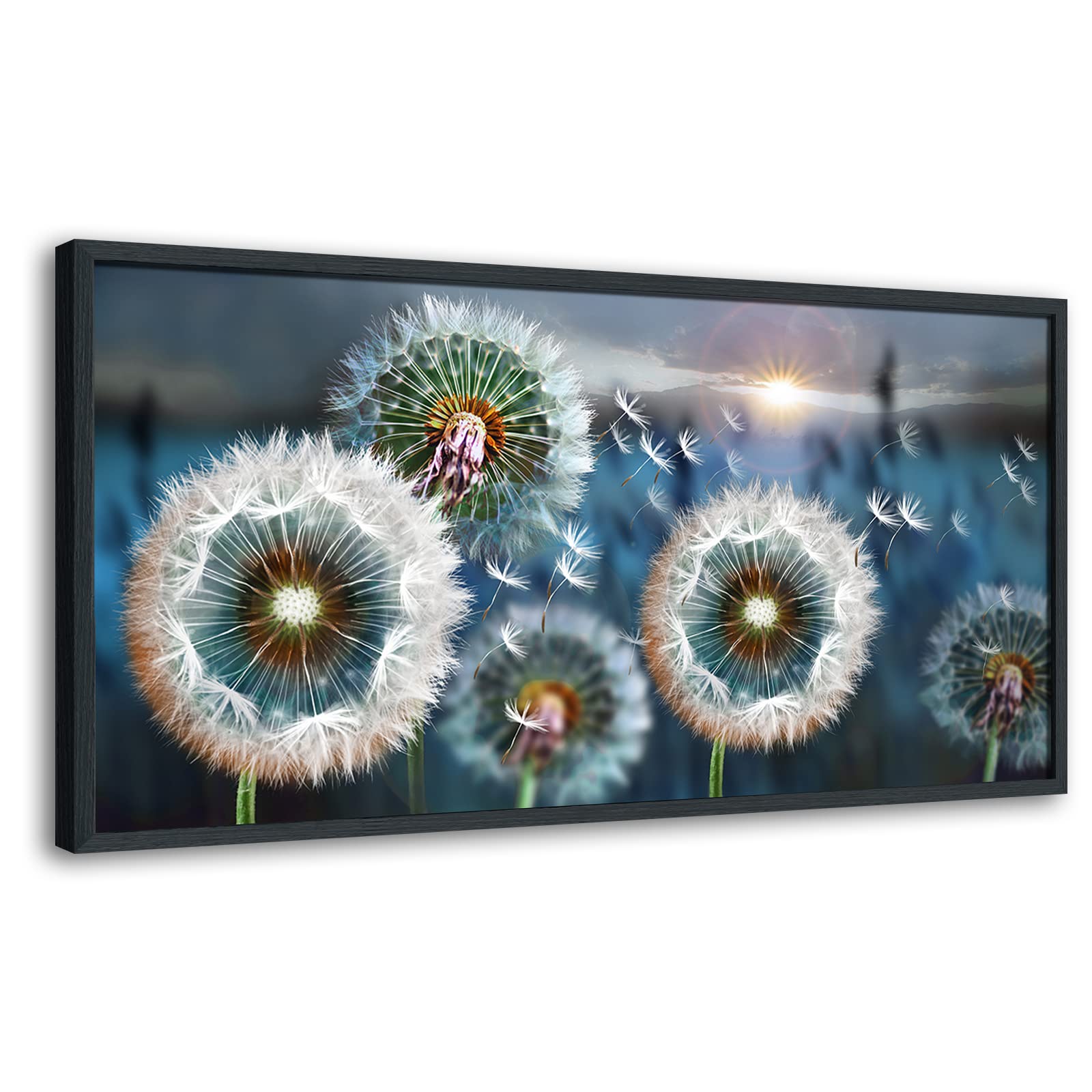 Black Framed Wall Artlarge Wall Art Dandelion Theme Canvas Art Wall Decor For Living Room Abstract White Dandelion Sun Blue Land