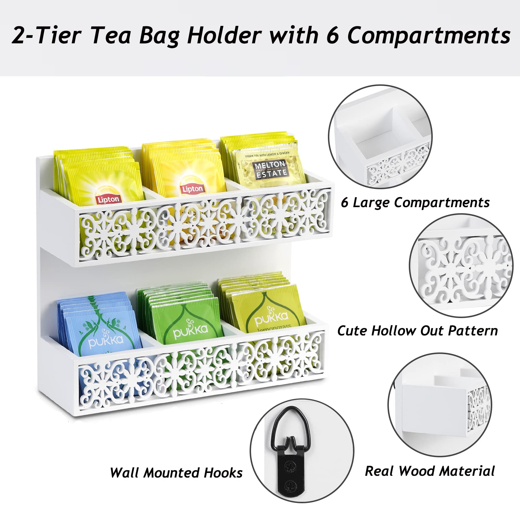 Qilichz Tea Bag Organizer 2 Tier Wood Tea Bags Holder Wall Mounted Tea Box For Tea Bags Organizer Rustic Tea Chests For Tea Stor