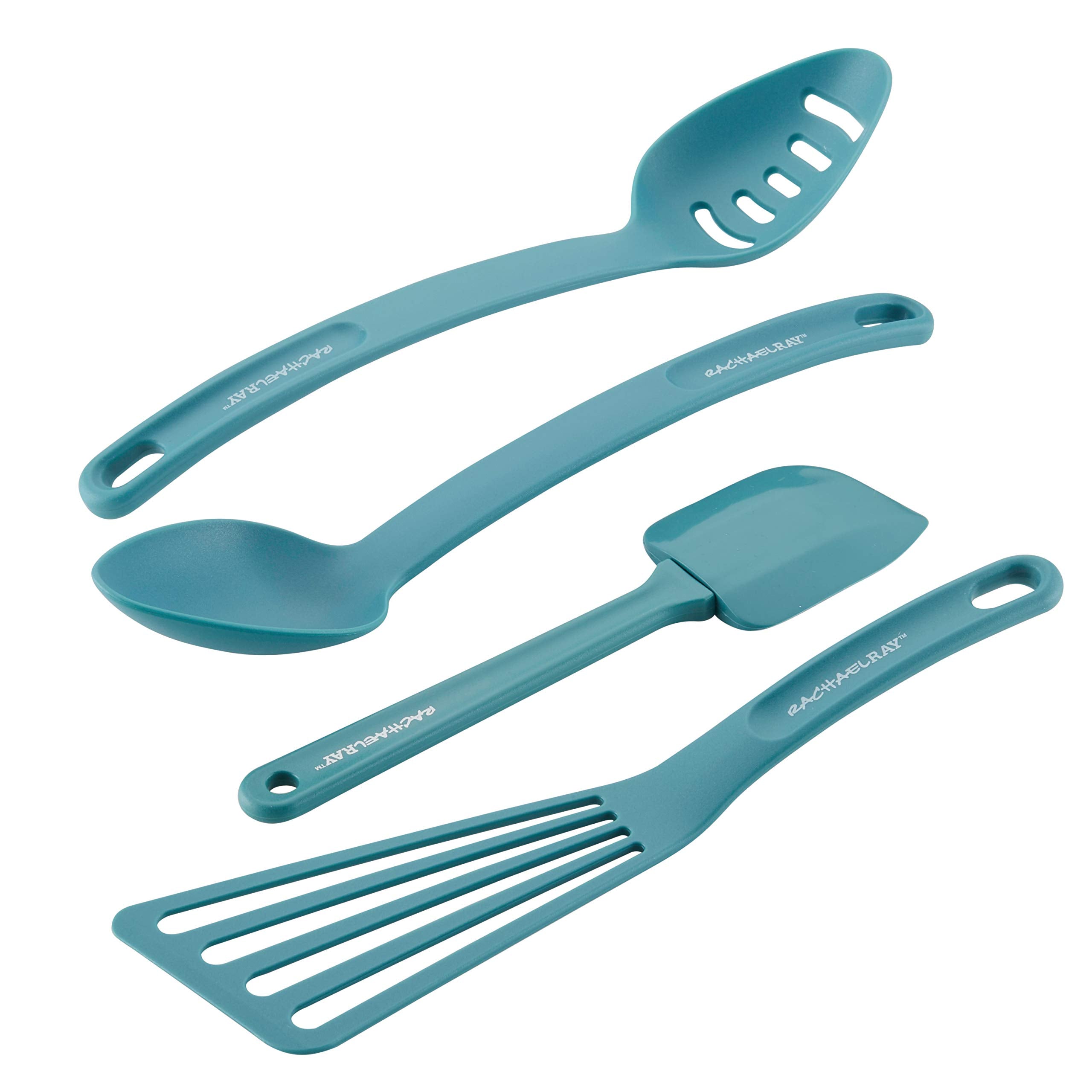 Rachael Ray Cucina Nylon Nonstick Utensils/Fish Turner, Spatula, Solid And Slotted Spoons, 4 Piece, Agave Blue
