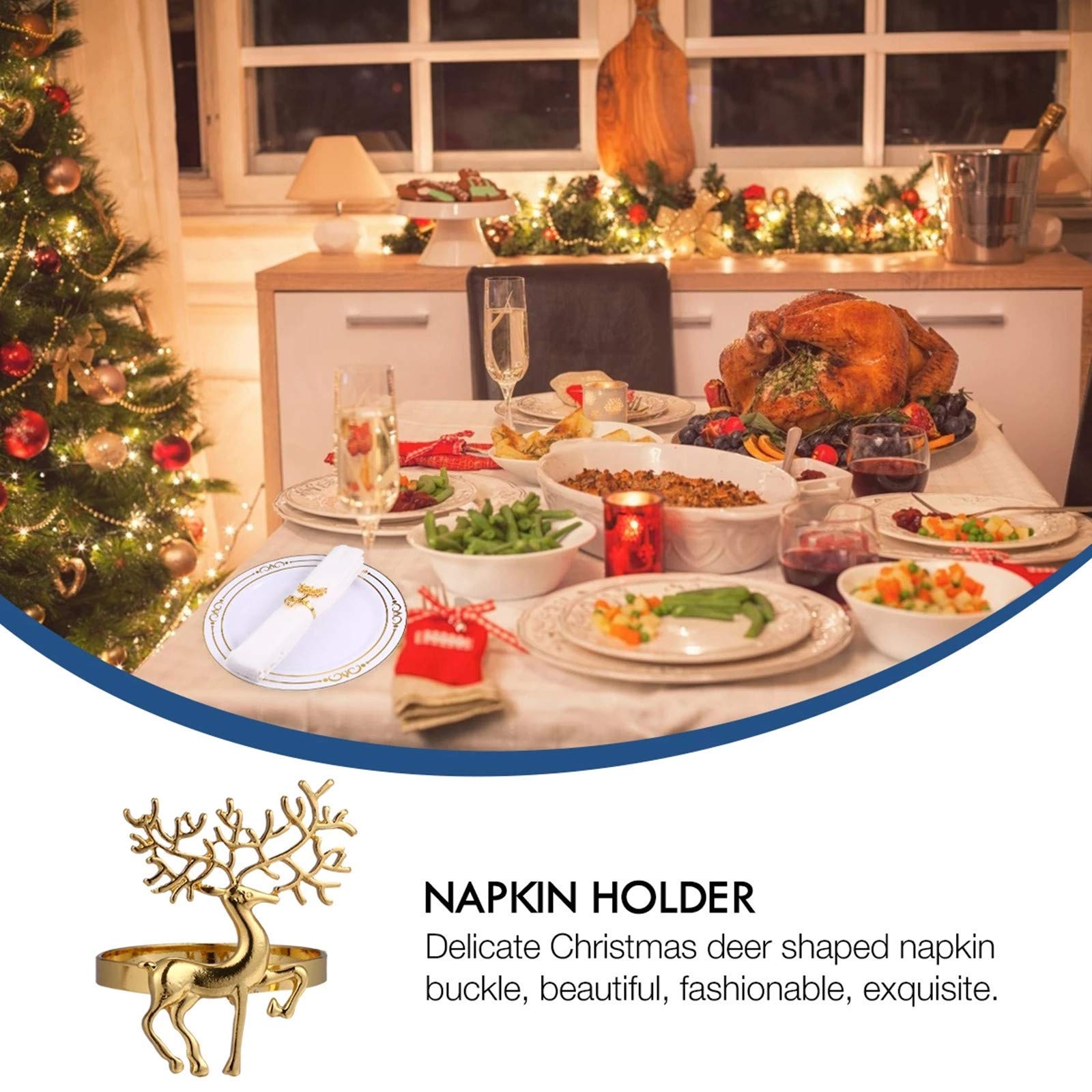 Christmas Napkin Rings- 6 Pcs Gold Christmas Deer Napkin Ring Holder Household Napkin Buckle For Table Decor, Wedding, Xmas, Par