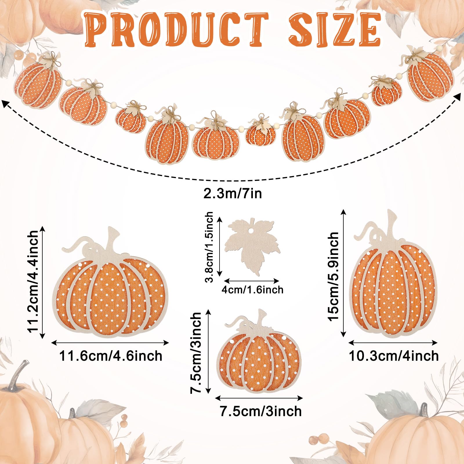 Cinnvoice 8.2 ft Fall Decorations Wooden Polka Dot Pumpkin Garland Thanksgiving Fall Banner Rustic Farmhouse Wood Bead Garland H