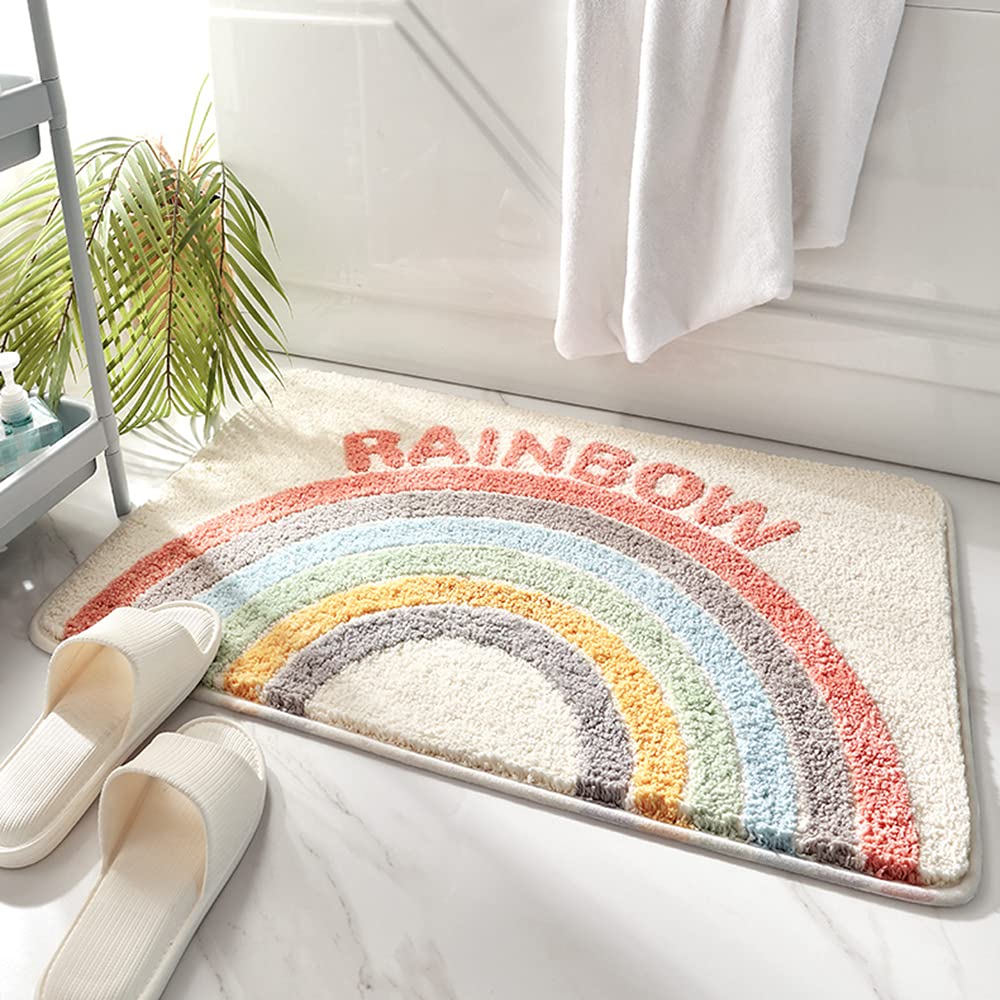Akegna Rainbow Flocking Bath Mat, Bathroom Rug Water Absorbent Non-Slip Soft Microfiber Carpet Mat For Tub Sink Shower And Bath