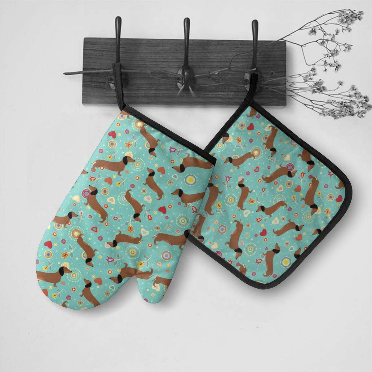 Oven Mitt And Pot Holders, 2 Piece Set, Dachshunds On Turquoise Floral Background Cotton Lining Waterproof Bbq Gloves