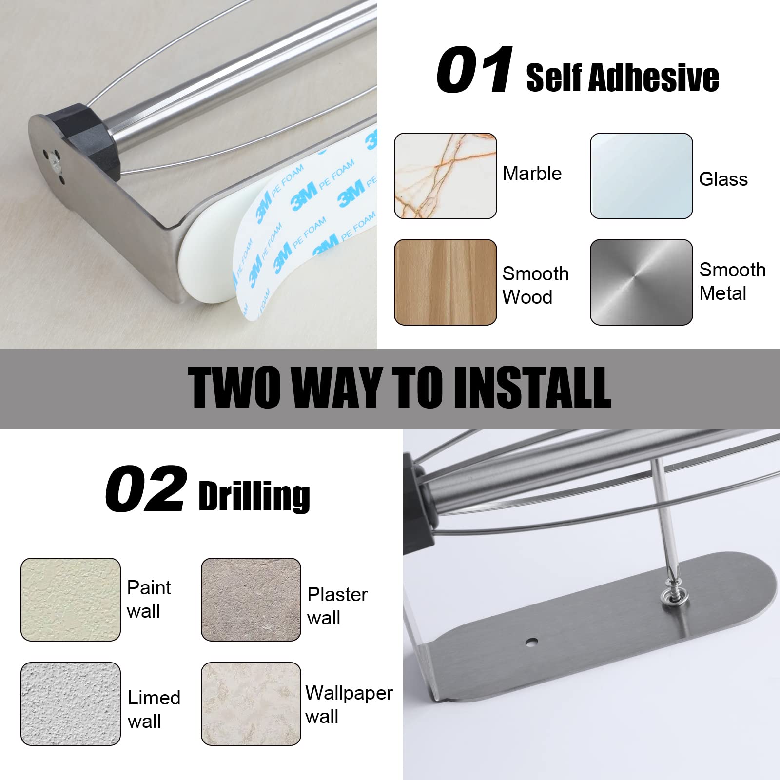 2 Pack Paper Towel Holder, Easy Tear With Damping Function, Single Hand Operable Wall Mount Paper Towel Holder, Self-Adhesive Or