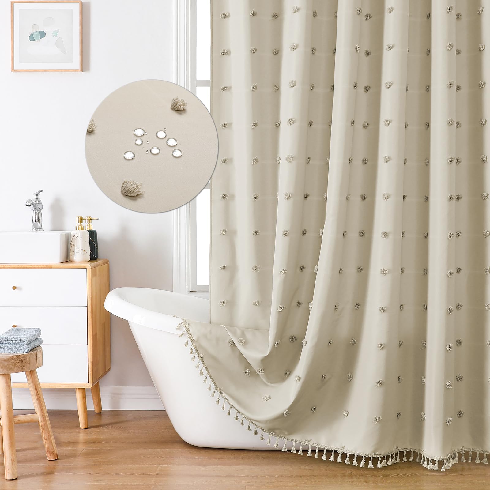 Lilycat Boho Farmhouse Beige Fabric Shower Curtain, 72X78 Tufted Pleat Floral Puffs Textured Tassel Cute Rustic Vintage Shower C
