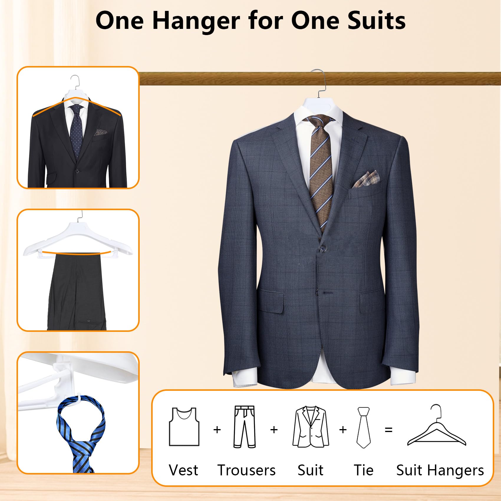 Dedu Suit Hangers For Men 10 Pack, Extra Wide Hangers Non Slip Width 17.7'', White Coat Hangers Thick Plastic With Pants Bar 360