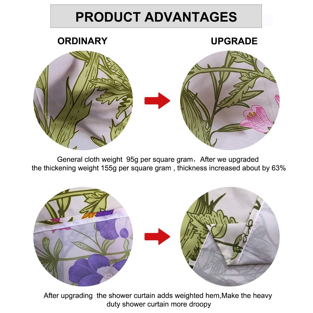 Riyidecor Thicken Heavy Duty Fabric Floral Shower Curtain for Bathroom Decor 72Wx72H Inch Wildflower Green Leaves Botanical Decorative Bath Set Plants Bathroom Accessories Waterproof 12 Pack Hooks