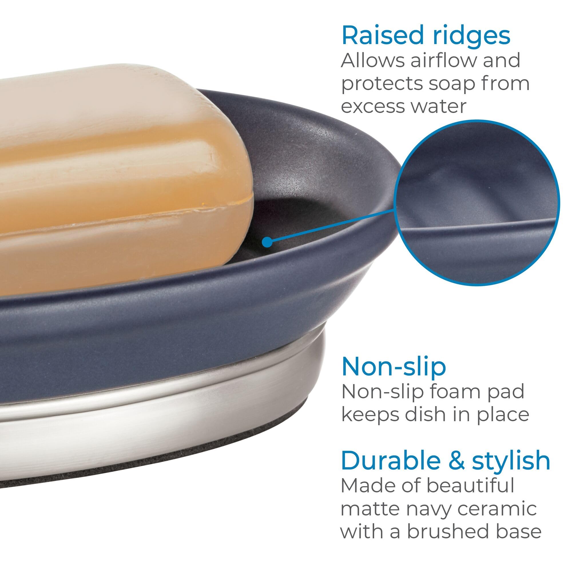 Idesign Ceramic And Steel Bar Holder, The York Collection Soap Dish, Matte Navy/Brushed Nickel