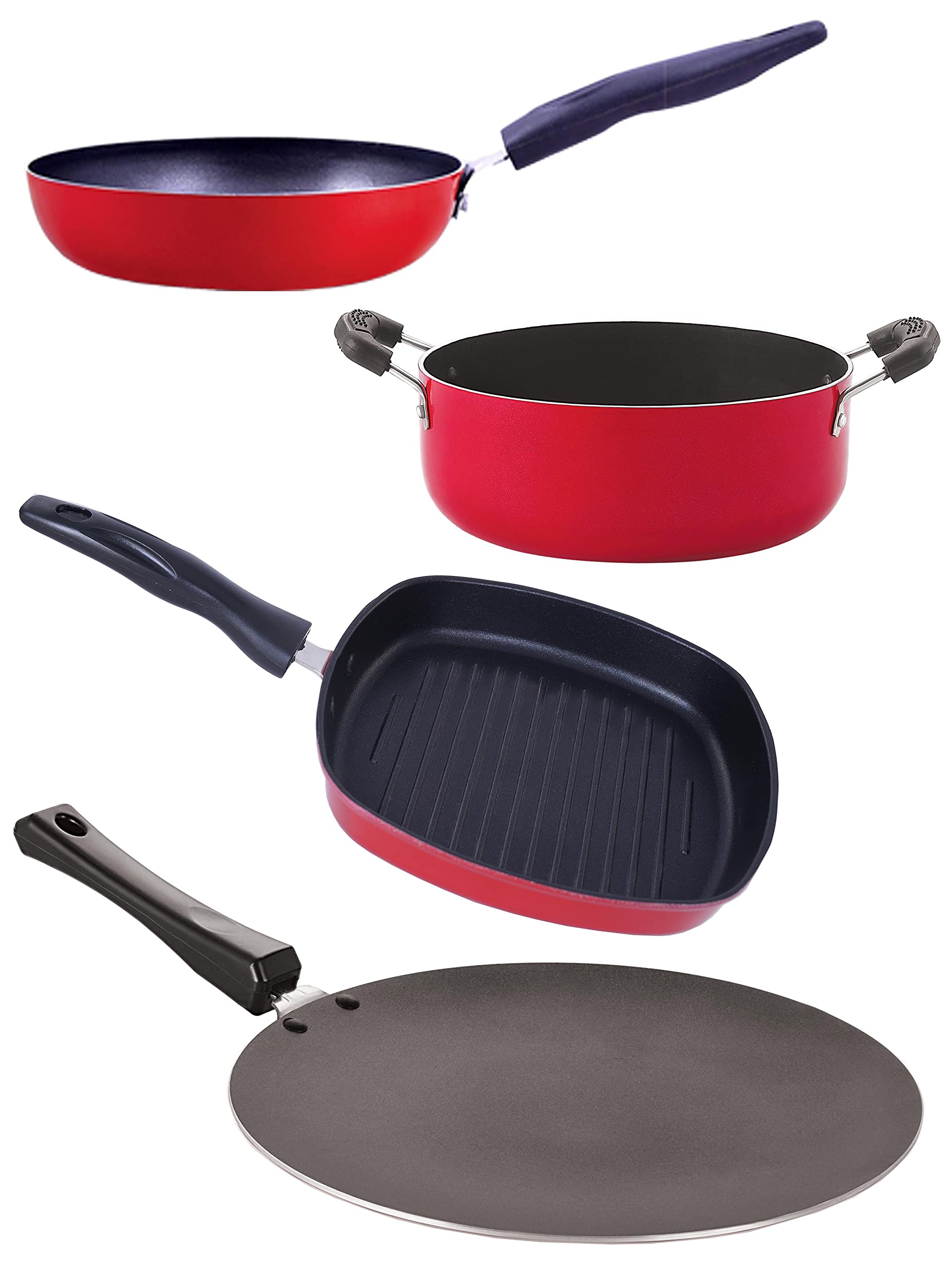 Nirlon Non Stick Pots And Pans Non Stick Cookware Set Of 4Pieces With Bakelite Handle(Ct12_Cvg_Gp24.5_Cs24)(Red_ Nonstick)
