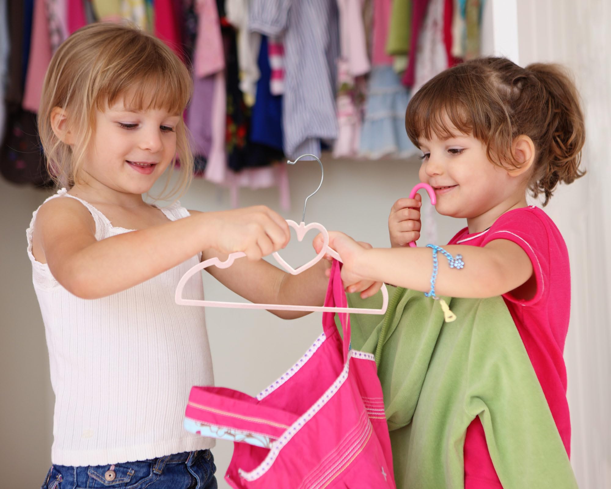 Kids Pink Velvet Clips Hangers - 13Inch 50 Pack Baby Hanger With 20Pcs Movable Clips, Stackable Non-Slip Heart Flocked Hangers F