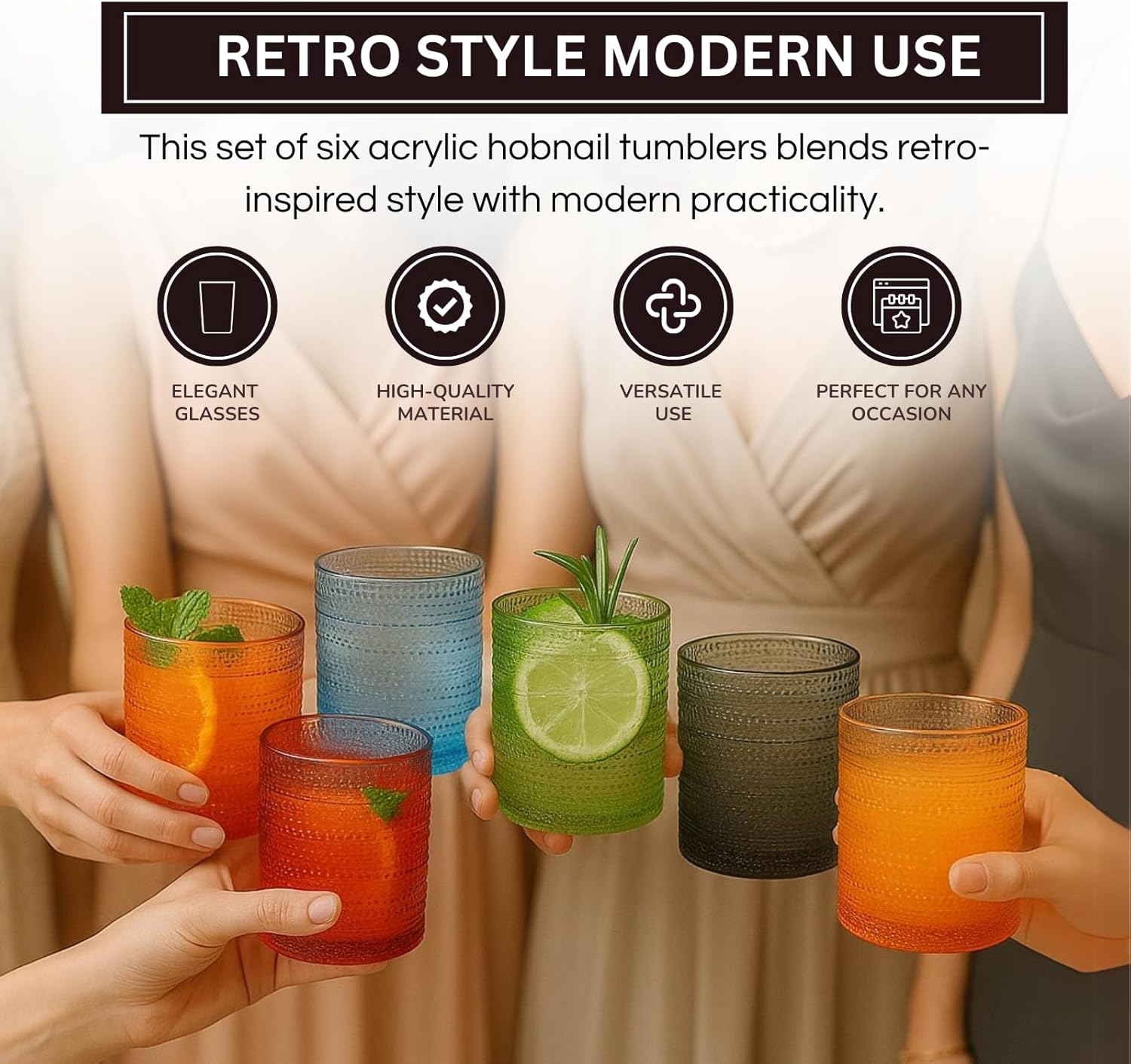 Khen Hobnail Acrylic Lowball Glasses – Retro-Inspired Set of 6 10 oz