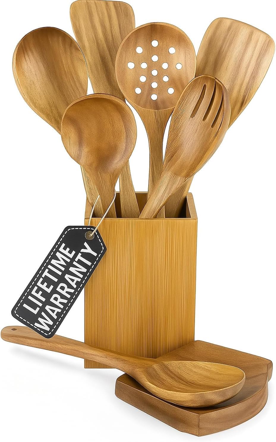 STORE INDYA 8 Piece Wooden Spoons for Cooking with Spoon Holder and Spoon Rest | Acacia wood Nontoxic Nonstick cookware compatib