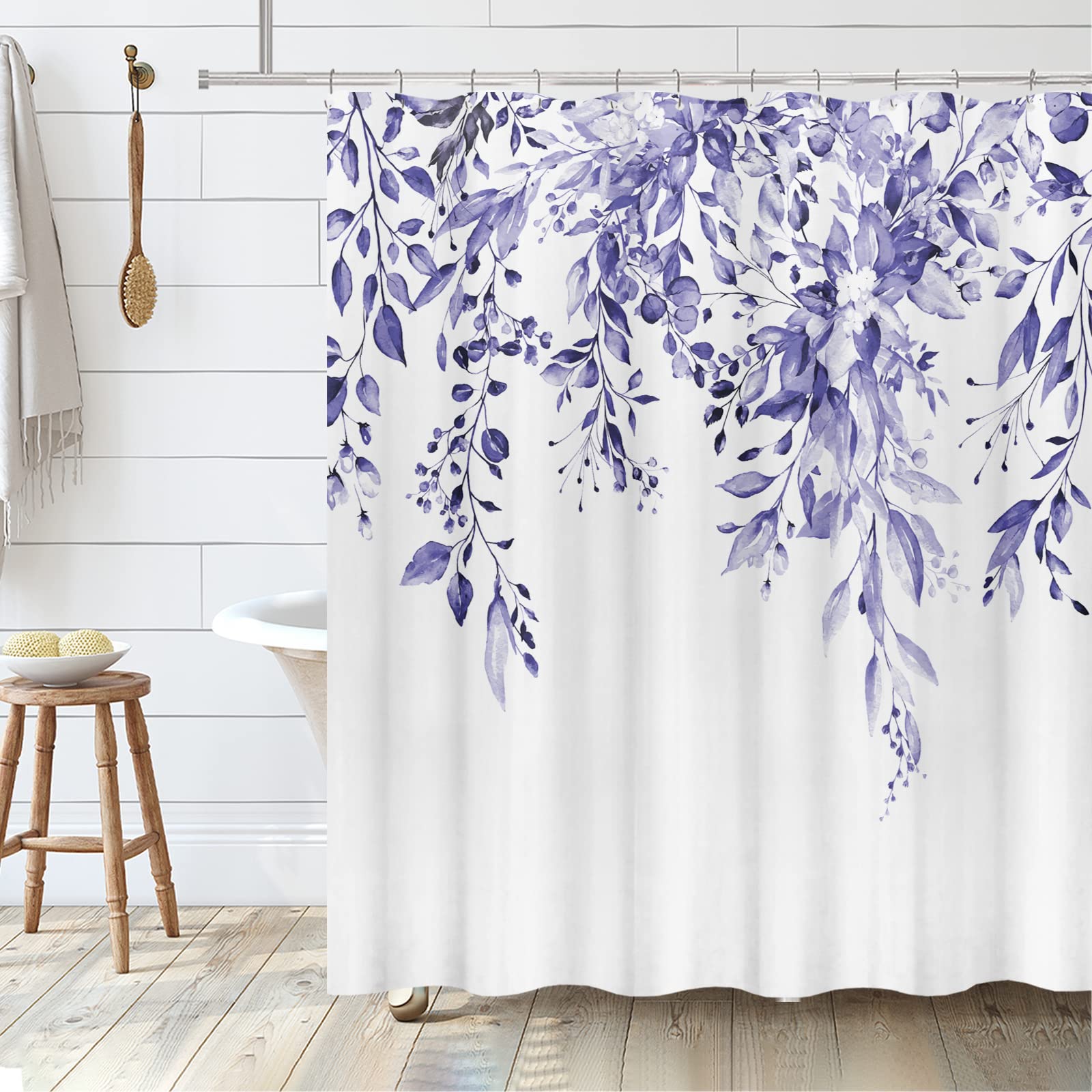 Tititex Very Peri Purple Blue Eucalyptus Shower Curtain Sets, Bright Watercolor Leaves On The Top Plant With Floral Bathroom Dec