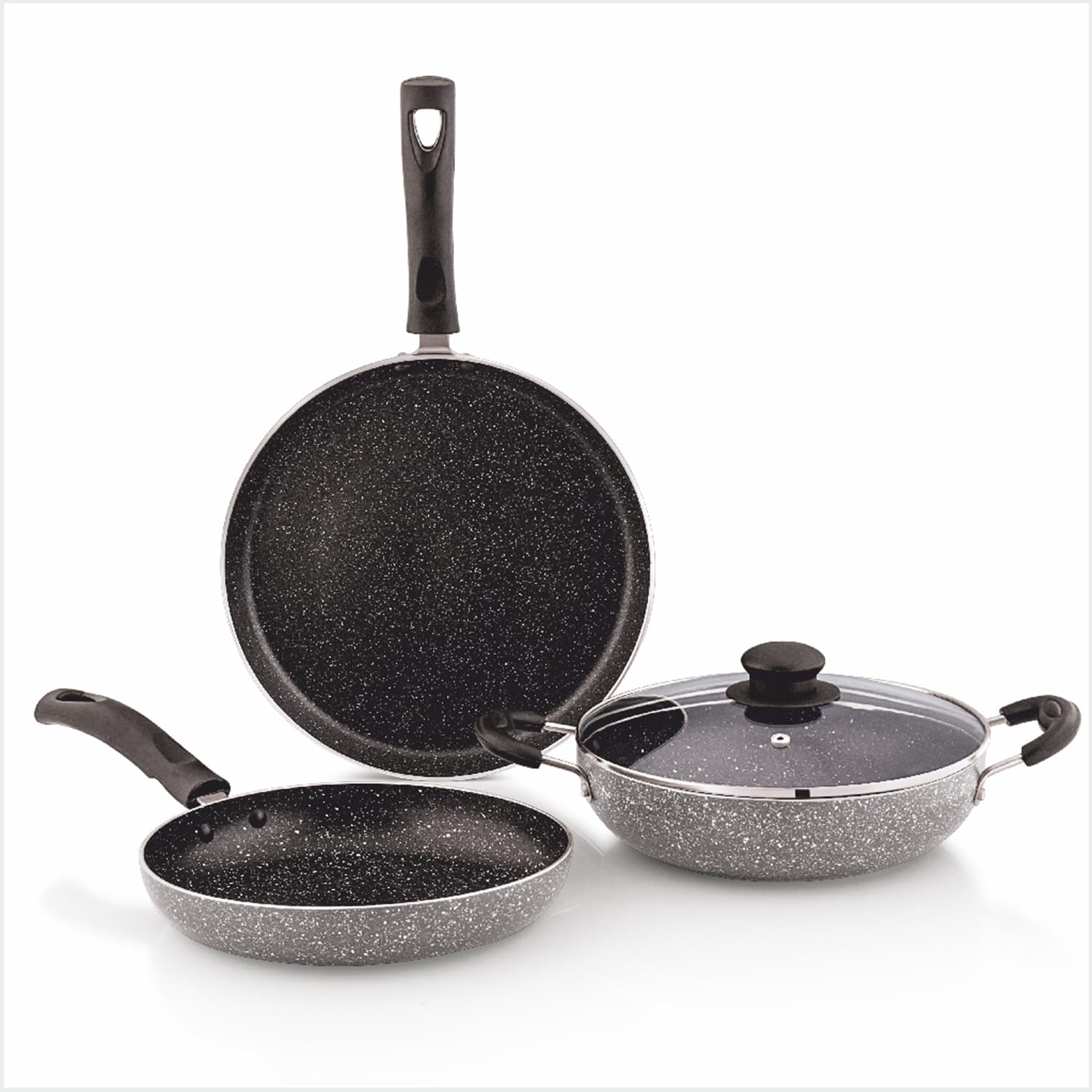Amazon Solimo Aluminium 4 Piece Non-Stick Cookware Set | Granite Finish | Induction Base | Pfoa Free | Htr Exterior Coating | 25