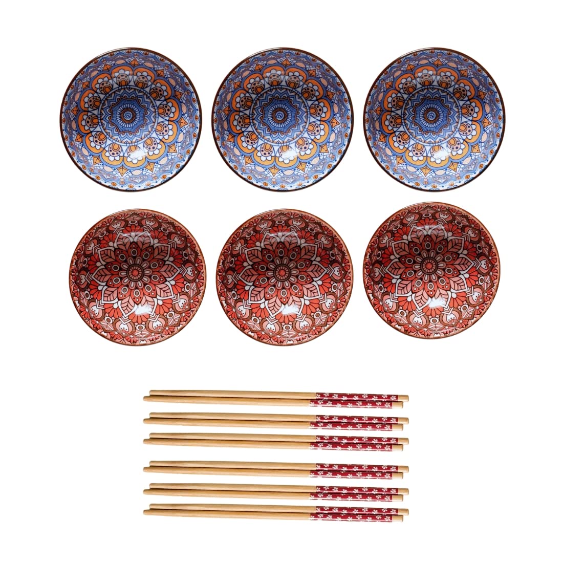 Nestasia Ceramic Bowl Set Of 6 With Chopsticks | Microwave & Dishwasher Safe Bowl With Mandala Pattern | Perfect For Snacks, Sou
