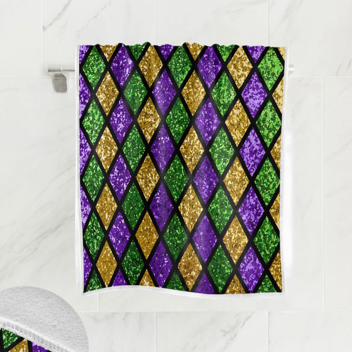 Happy Mardi Gras Hand Bath Towel Gold Purple Green Buffalo Plaid Kitchen Bathroom Faucet Towel Mask Beads Confetti Masquerade Pa