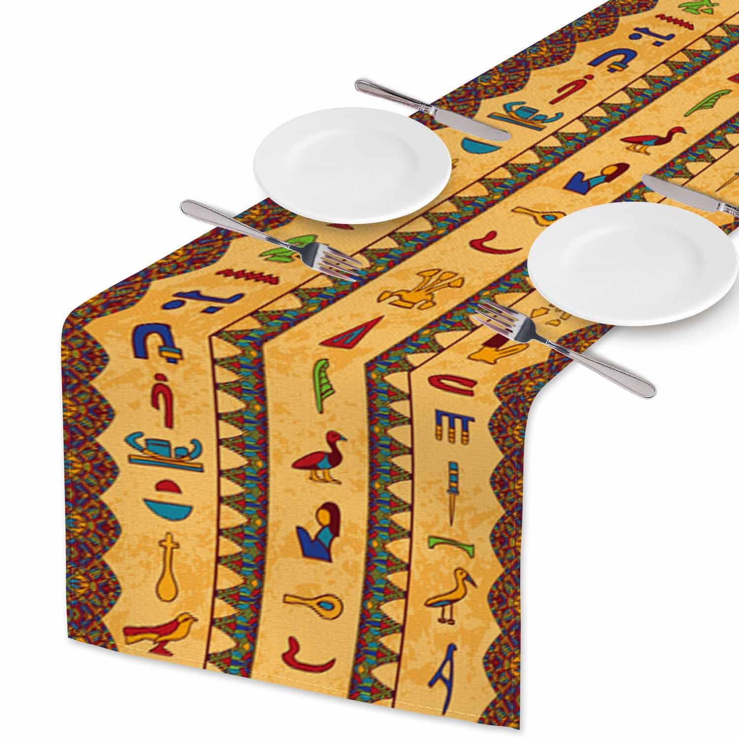 Hosnye Table Runner Colorful Ancient Egyptian Hieroglyphs And Floral Geometric,Cotton Linen Table Runner Decoration For Kitchen