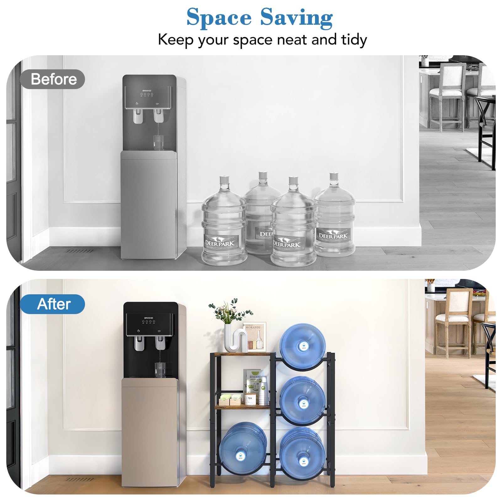 Vinaemo 5 Gallon Water Jug Holder, Water Jug Stand With Wood Storage Shelves, 5 Gal Water Bottle Holder Storage Rack With Water