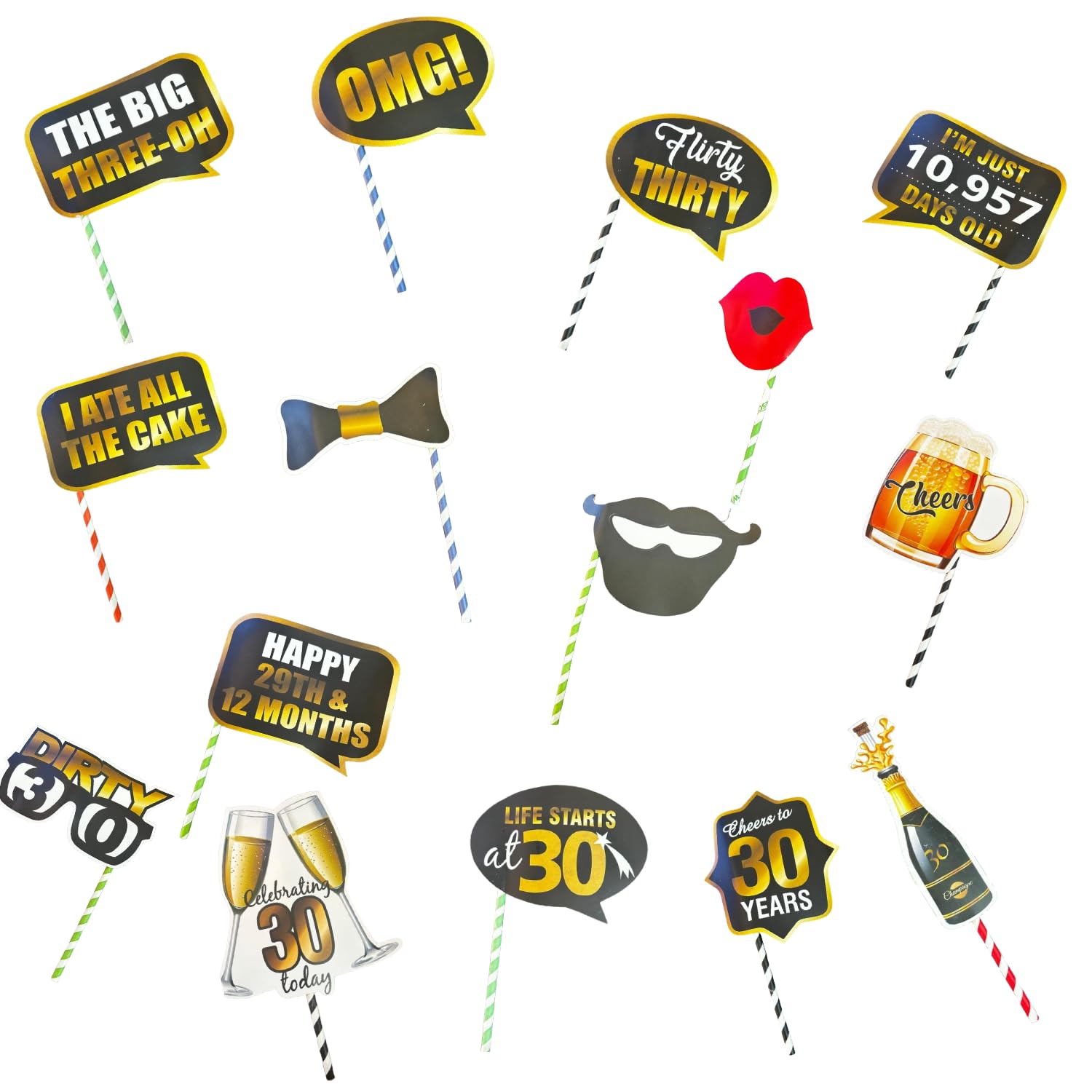 FI  FLICK IN 15 Pcs Birthday Party Photo Booth Props for Her Him Dirty 30th Birthday Gold and Black Decorations Party Supplies(
