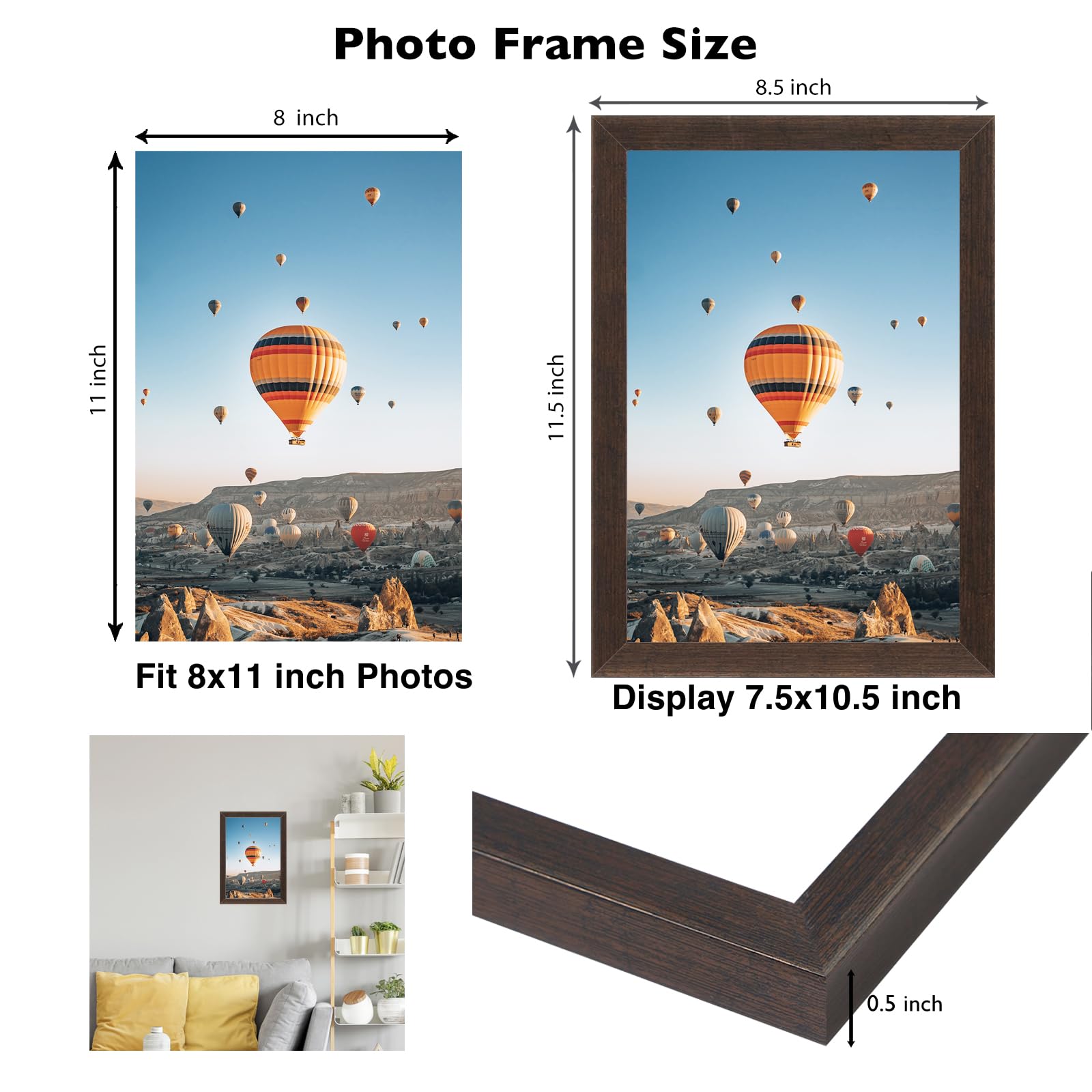JCJMY 8x11 Picture Frame Dark Brown for Wall Hanging or Tabletop, Wall Mounting Horizontally or Vertically, 8 x 11 Wall Gallery