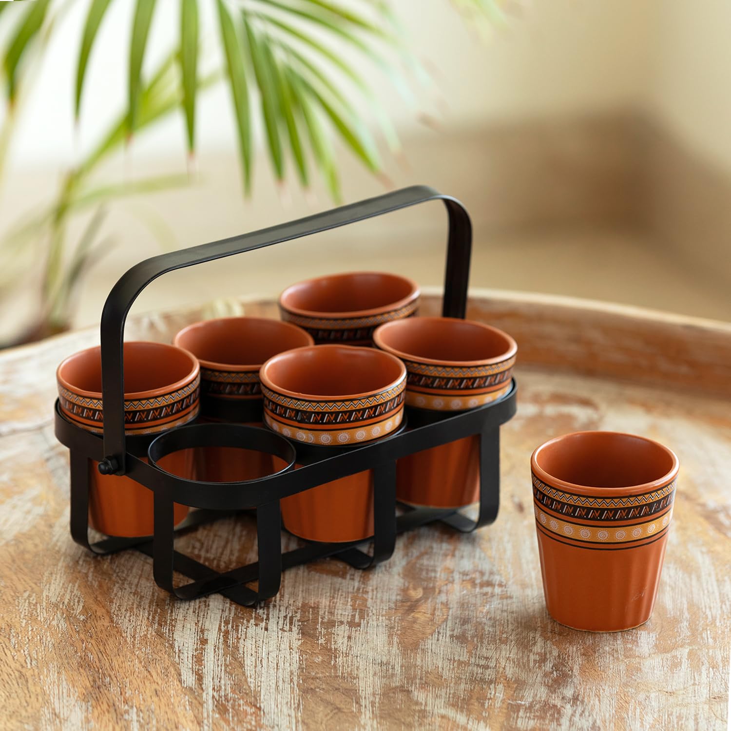 Exclusivelane Geometric Ceramic Kullad Cups Set Of 6 (Microwave Safe, 120 Ml Each)|Ceramic Tea Cups Set Of 6 Chai Kulhad Chai 