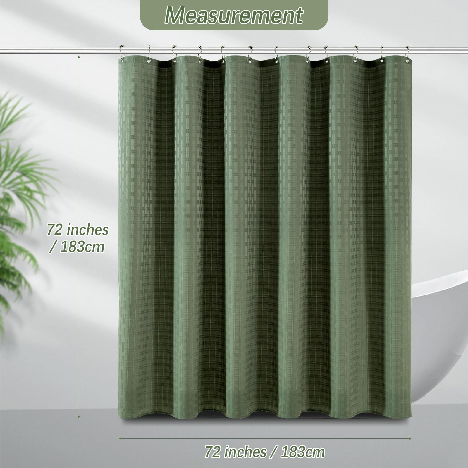 Pangsinne Sage Green Shower Curtain - Fabric Heavy Duty Shower Curtain For Bathroom, Water Repellent Weighted 230Gsm Hotel Quali