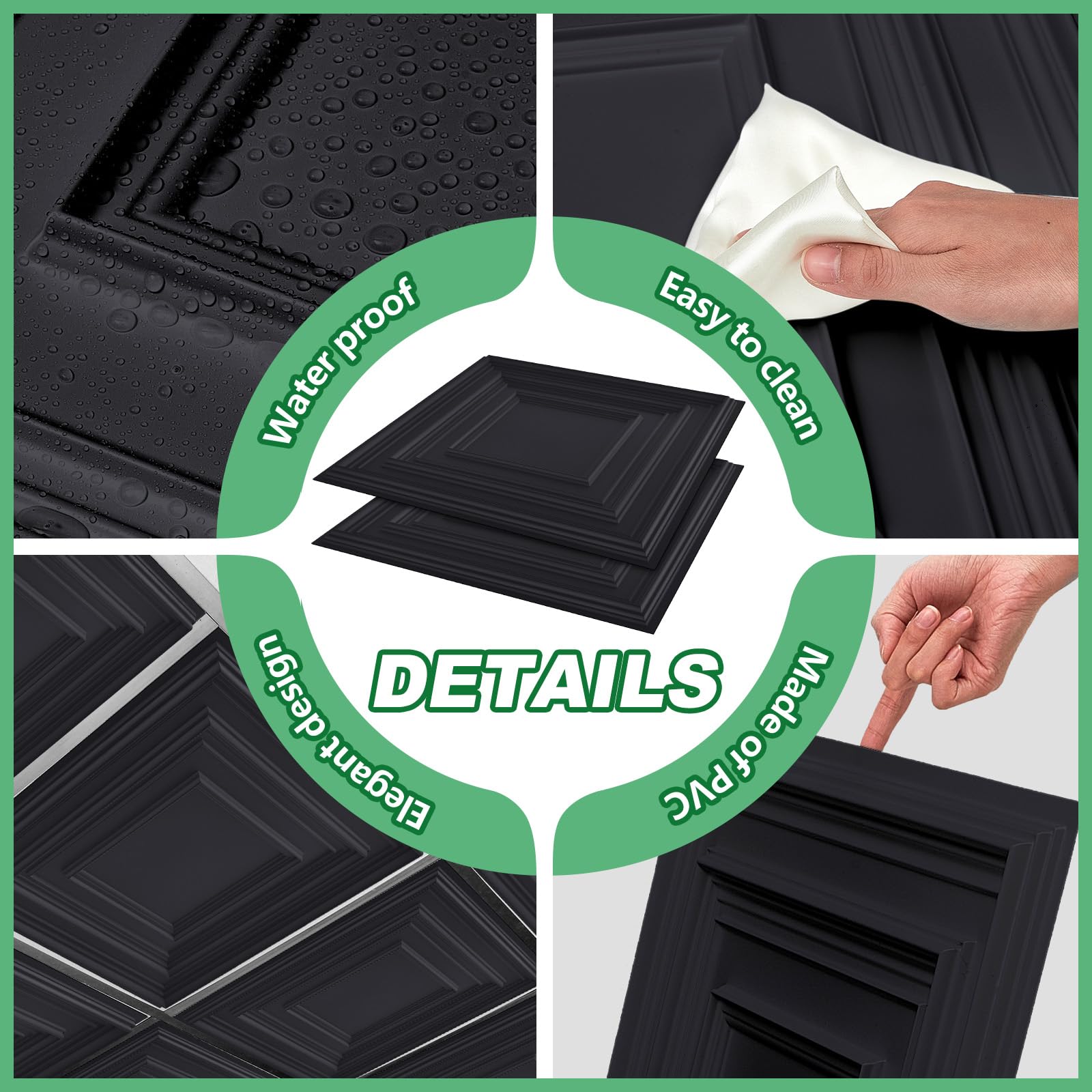 Landical 20 Pcs 2 x 2 ft Black PVC Plastic Drop Ceiling Tiles 24 x 24 x 0.8 Inch Ceiling Panels Decorative Cover 80 Sq. ft for O