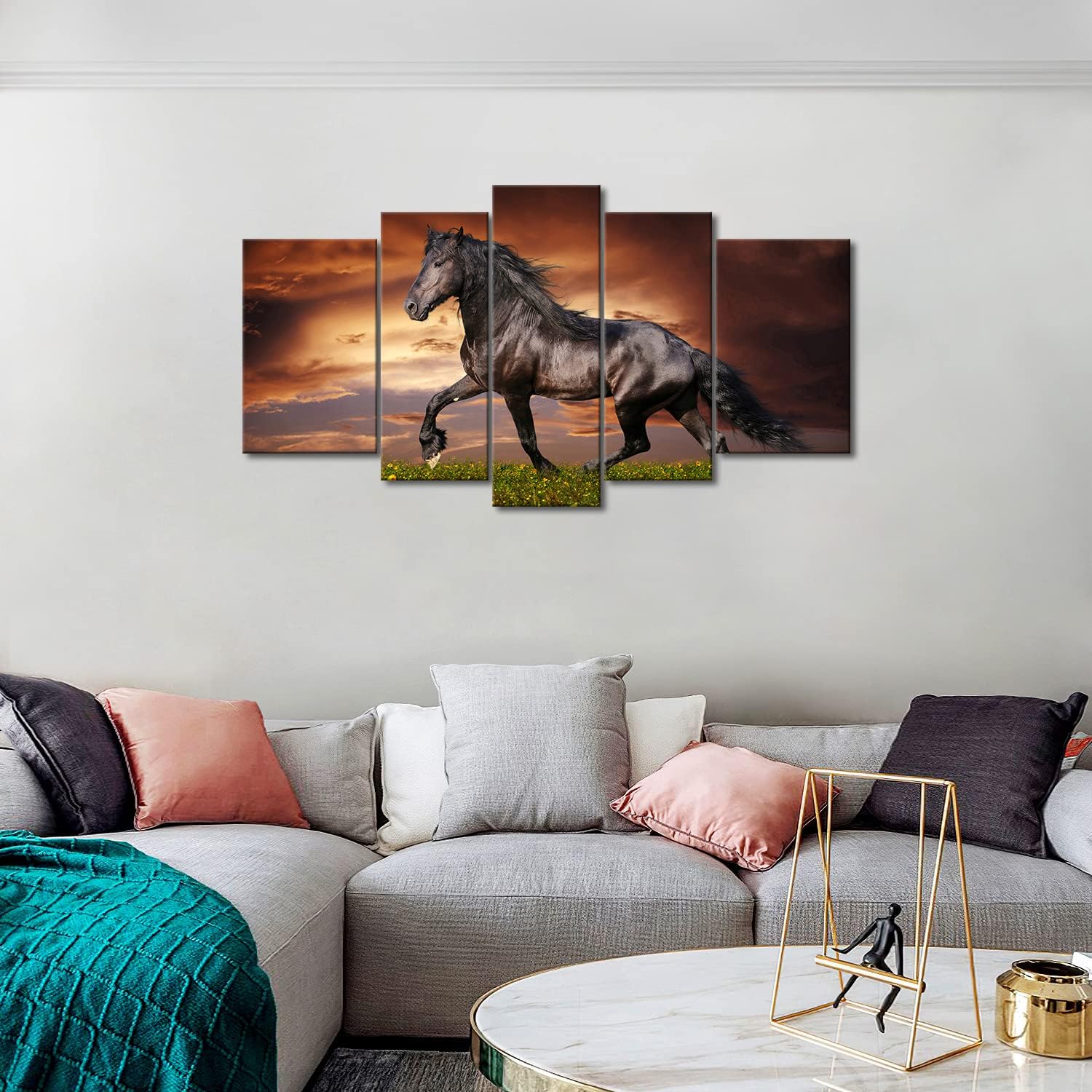 5 Panel Wall Art Black Friesian Running Horse Trot On The Field On Sunset Grass and Flower Painting Pictures Print On Canvas Animal The Picture for Home Modern Decoration Piece (A)