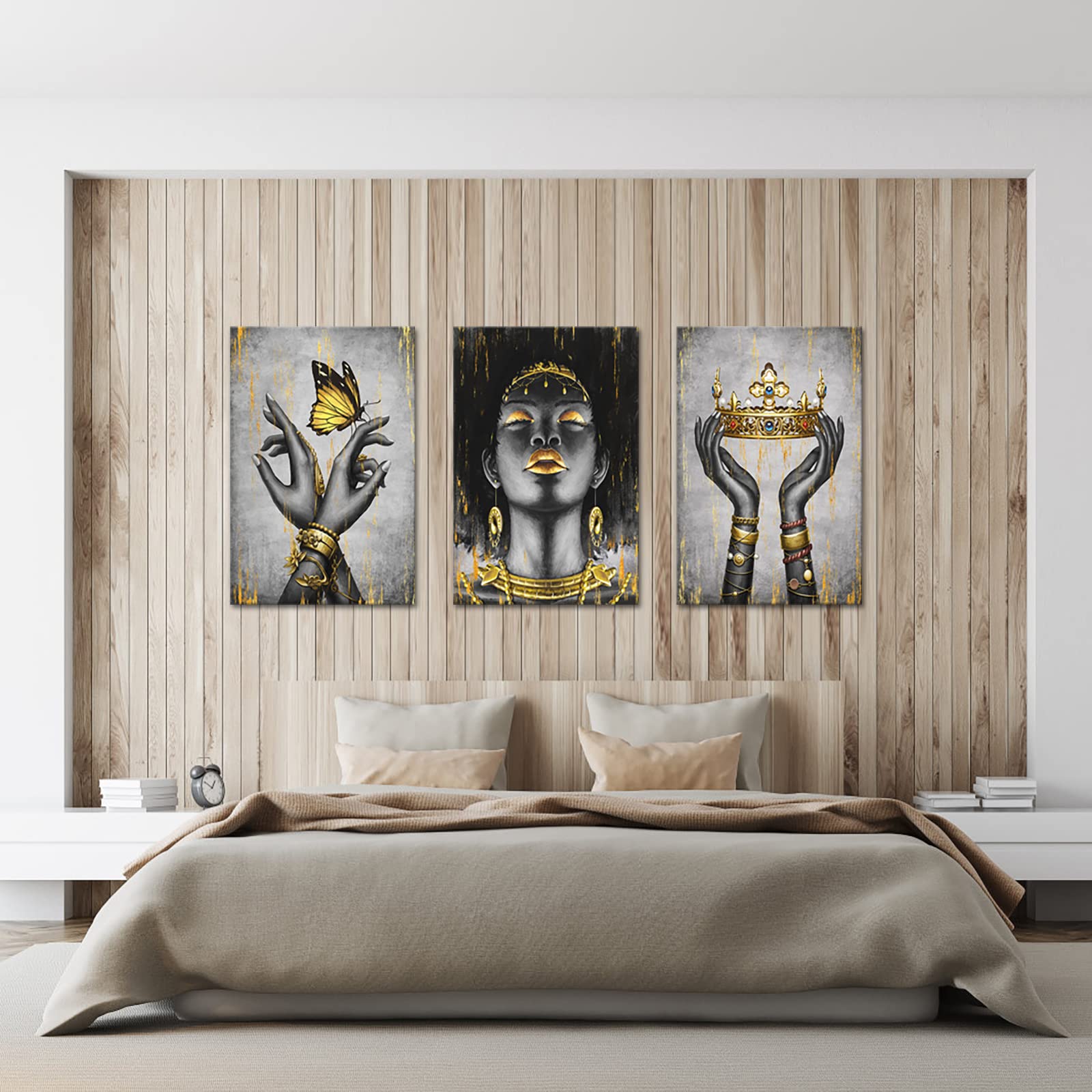 Welmeco African American Cavnas Wall Art Elegant Black Woman With Gold Necklace Crown Butterfly Painting Fashion Charming Woman