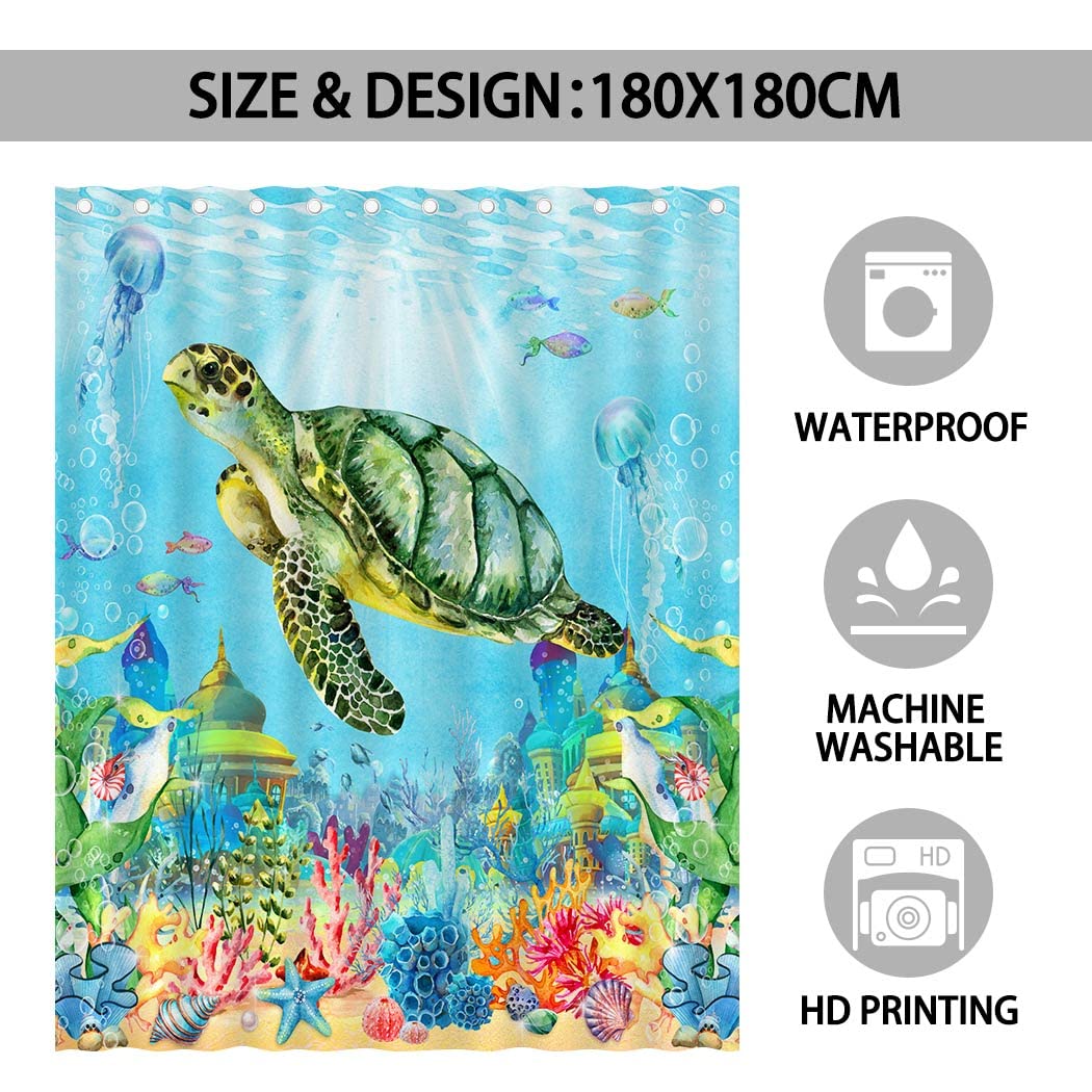 Juirnost Sea Turtle Shower Curtain Ocean Shower Curtain For Bathroom Underwater Seashell Tropical Marine Animal Nautical Beach S