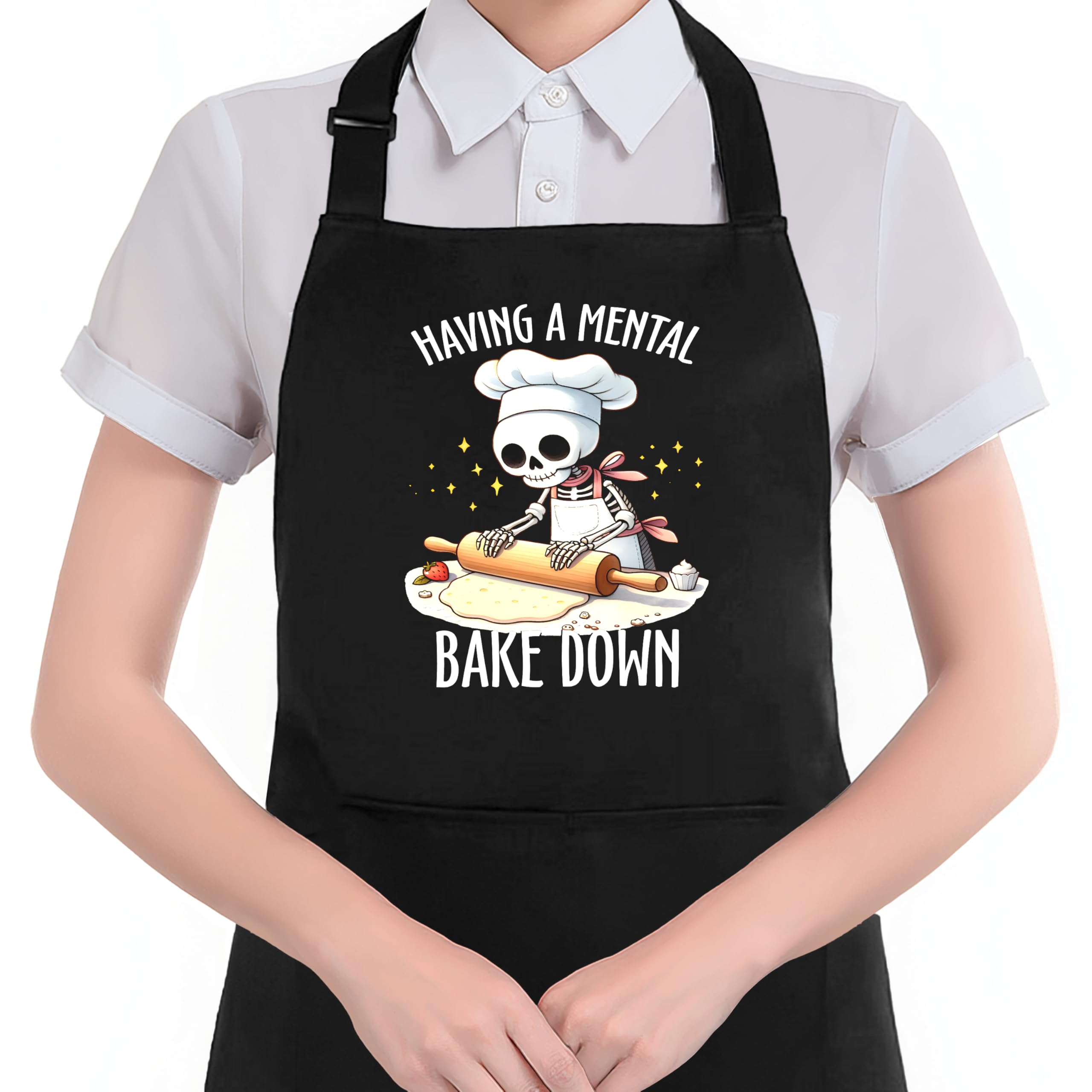 Hugane Funny Skeleton Baker Baking Apron With Pockets, Baking Lovers Bread Baker Gifts, Having A Mental Bake Down Waterproof Adj