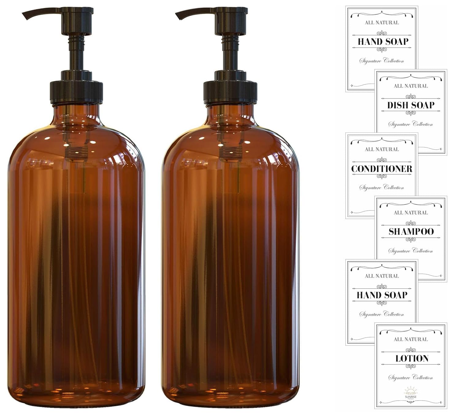 Sunrise Premium, 16 Oz Thick Amber Glass Soap Dispenser With Plastic Pump 2 Pack, Hand And Dish Soap Dispenser Set For Bathroom