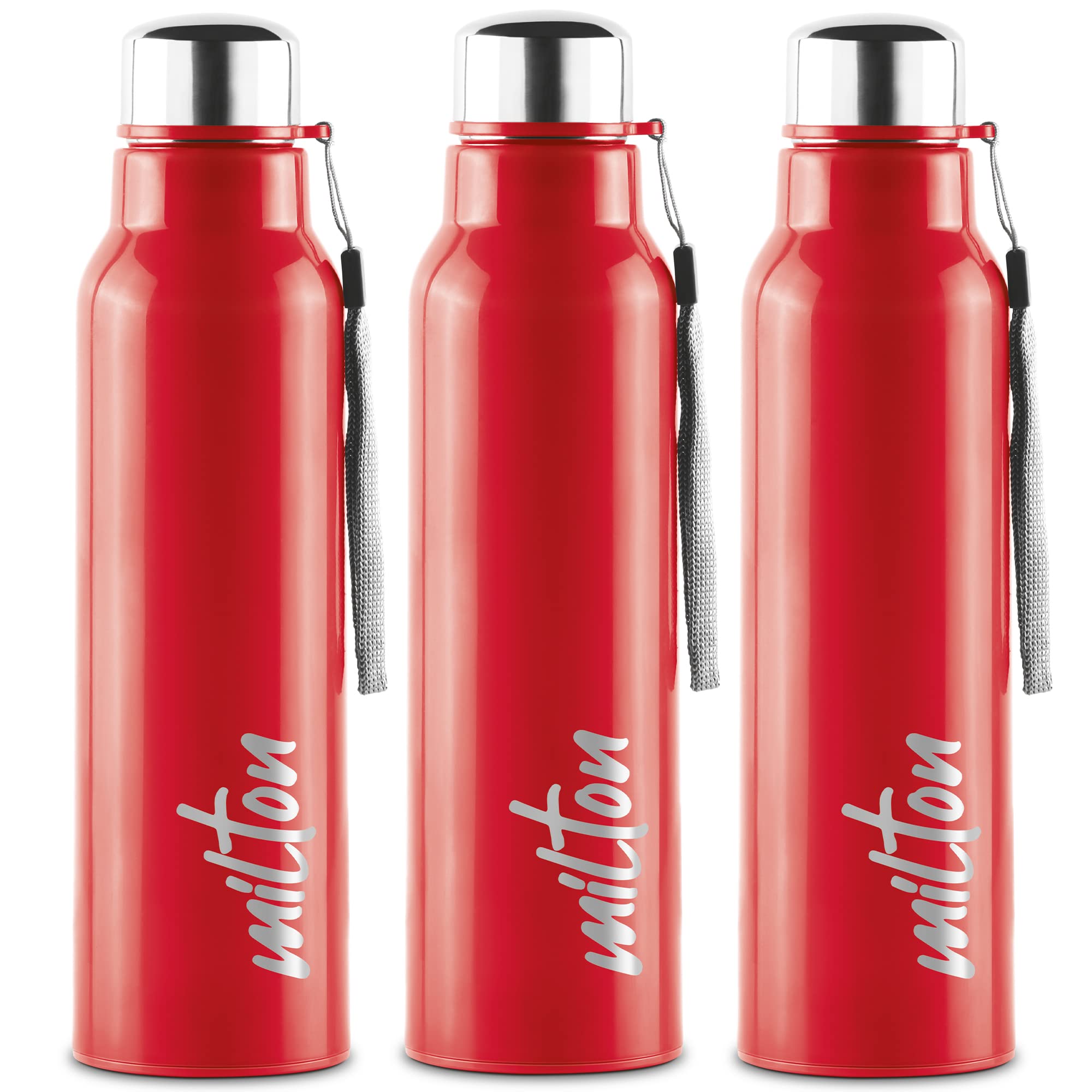 Milton Steel Fit 900 Insulated Stainless Steel Water Bottle, Set Of 3, 630 Ml Each, Red | Easy Grip | Leak Proof | Hot Or Cold |