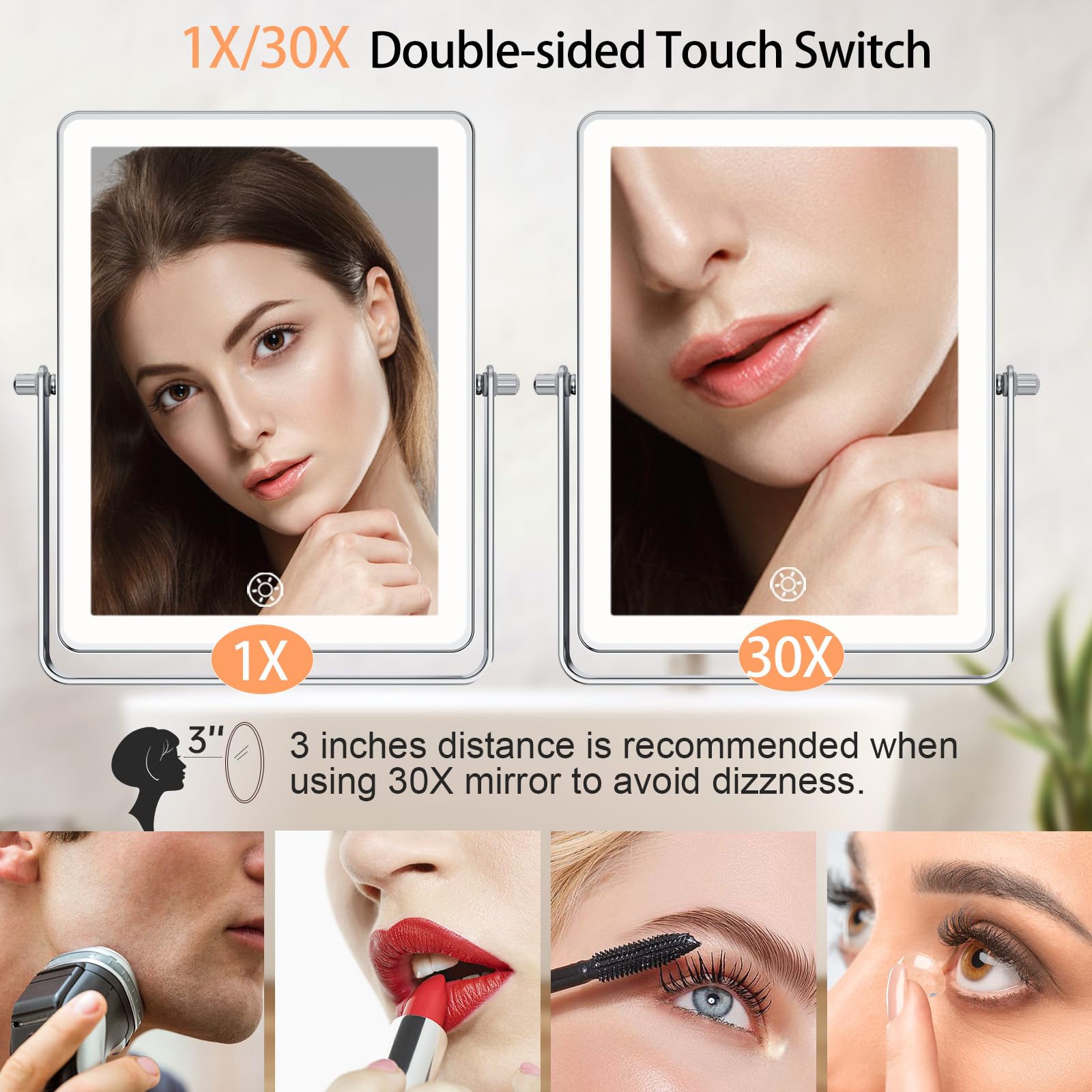 Fascinate Rechargeable Wall Mounted Makeup Mirror, 8.7 Double Sided Touch Switch 1X/30X Rectangle Wall Mounted Magnifying Mirror