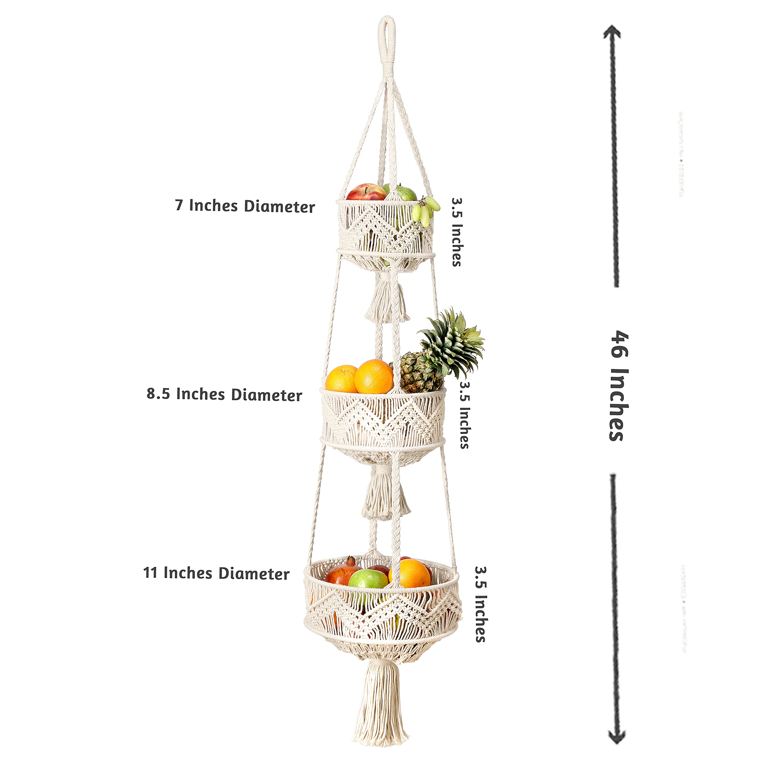 Folkulture 3 Tier Hanging Fruit Basket For Kitchen, Macrame Hanging Basket For Fruit And Vegetable Storage, Boho Wall Baskets Fo