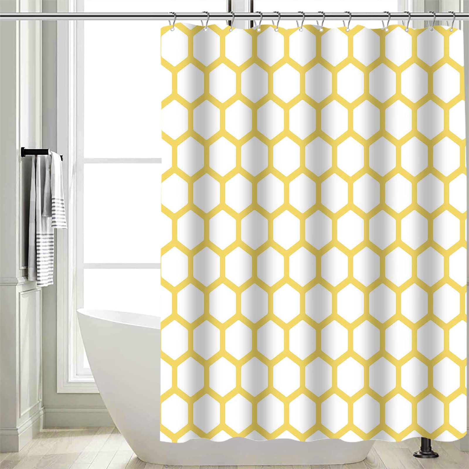 SPXUBZ Yellow and White Hexagonal Pattern Honeycomb Beehive Simplistic Geometrical Monochrome Yellow White Shower Curtain Waterproof Bathroom Decor Polyester Fabric Curtain Sets with Hooks 60x72 Inch