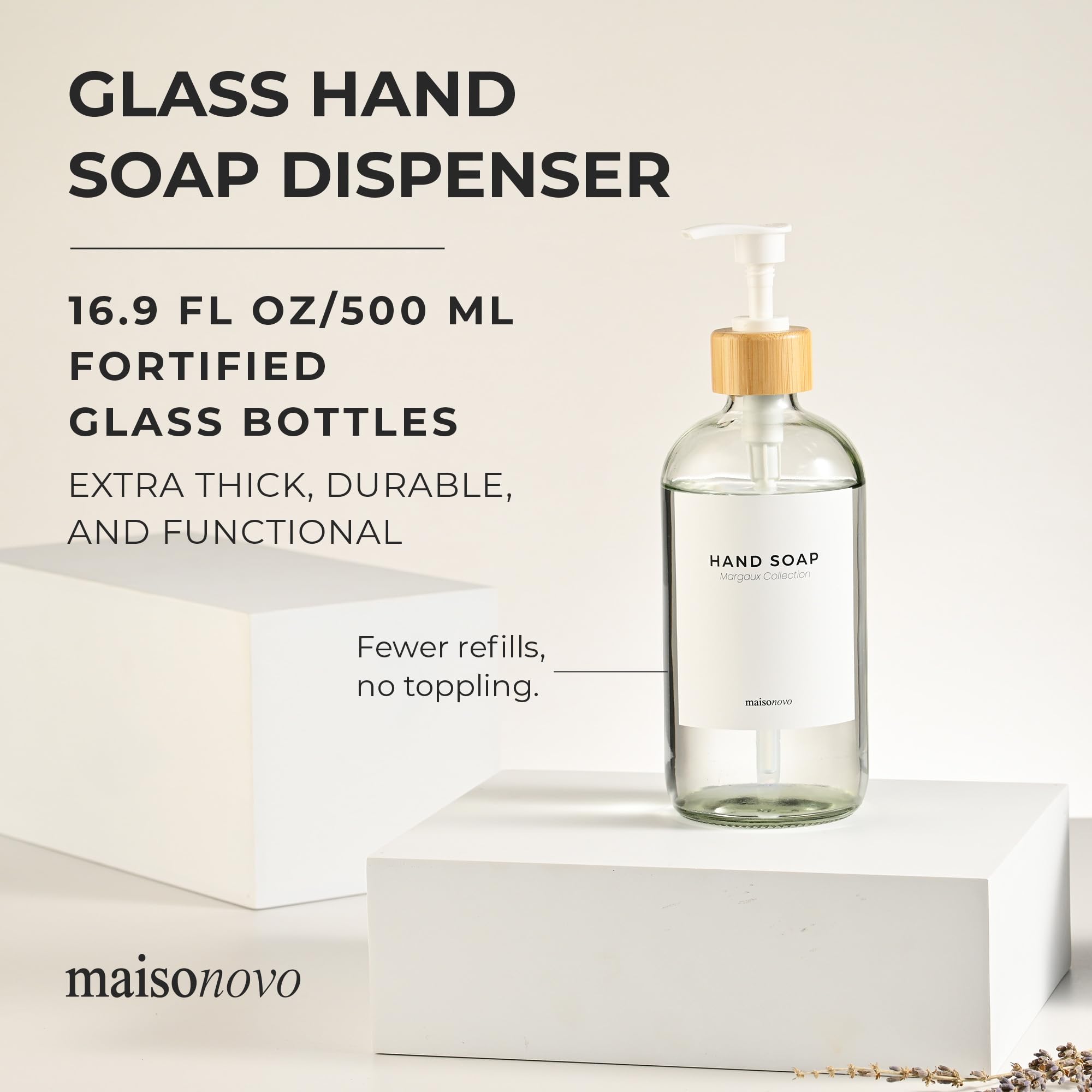 Maisonovo Kitchen Soap Dispenser | 16.9 Fl Oz Glass Clear Soap Dispenser With Bamboo Pump