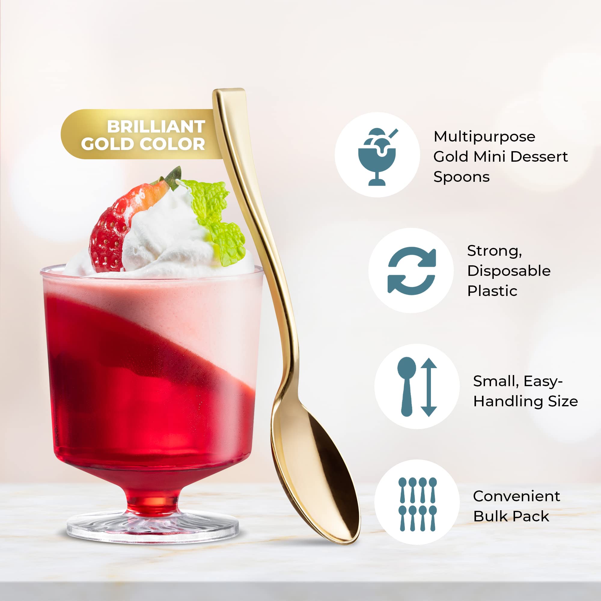 Gold Plastic Mini Dessert Spoons, Disposable Tiny Gold Spoons For Appetizers Tasting Posh Setting, 4 Inch 80 Count