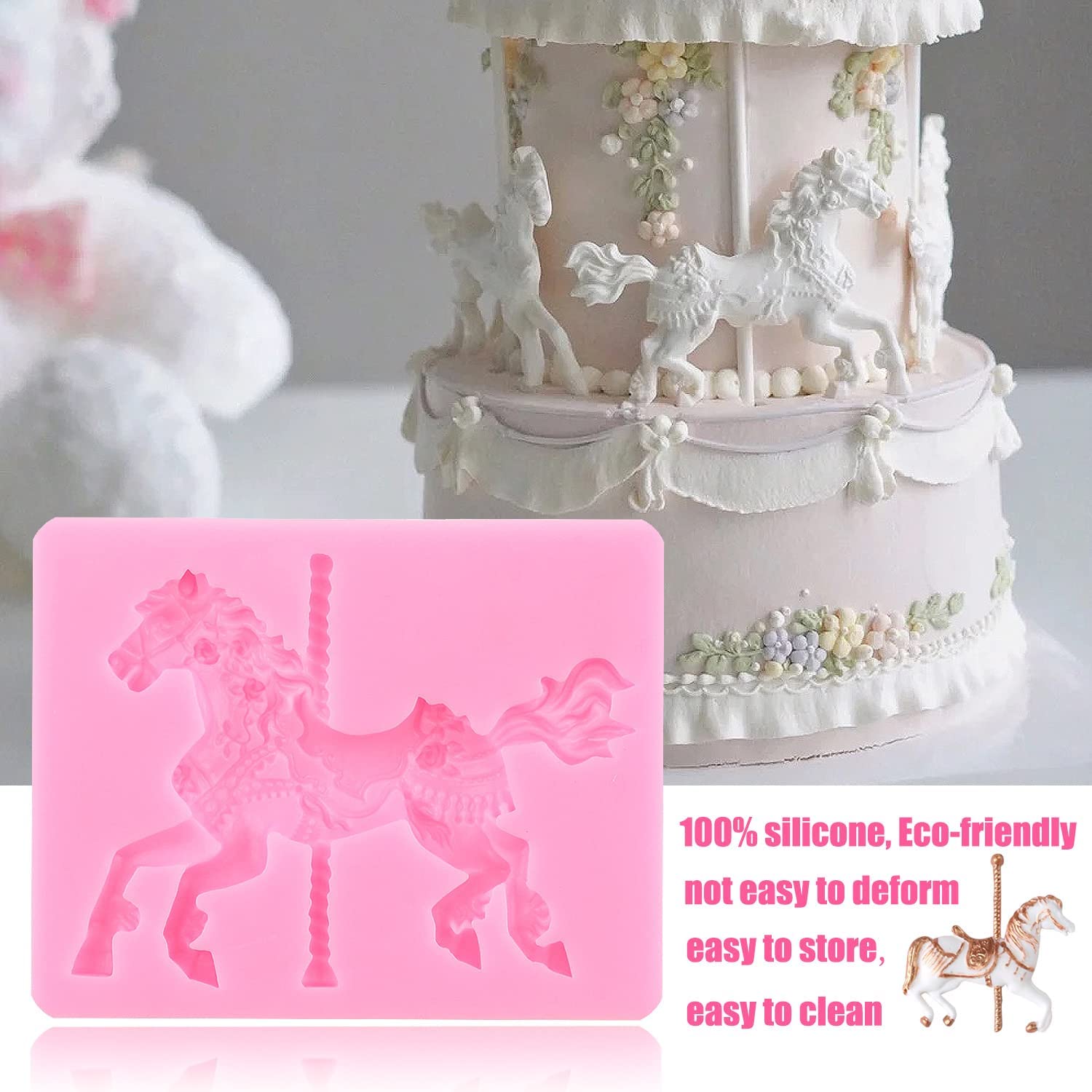 Zixiang Carousel Horse Silicone Fondant Molds Merry-Go-Round Chocolate Gum Paste Mold Molds For Baby Shower Candy Cupcake Topper