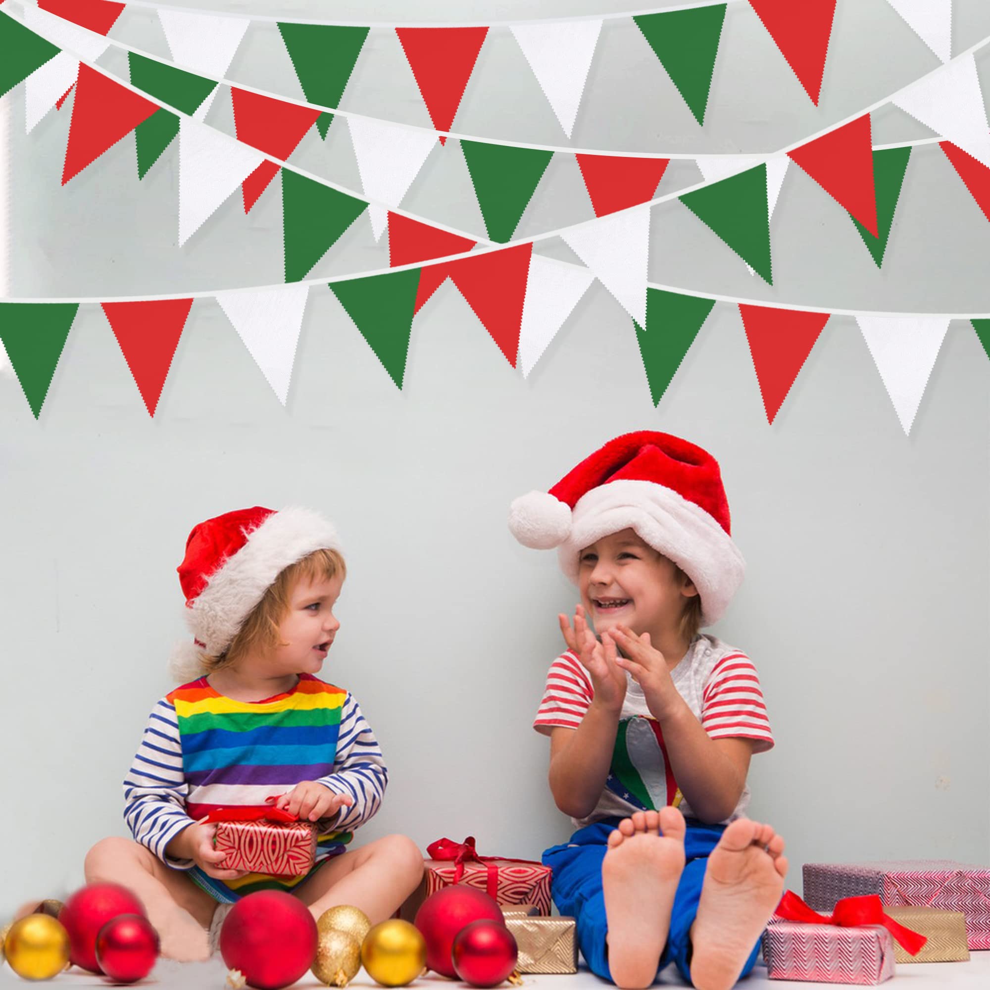 32Ft Red Green White Banner Party Decorations Christmas Triangle Flag Fabric Pennant Bunting Garland Streamers For Christmas Day