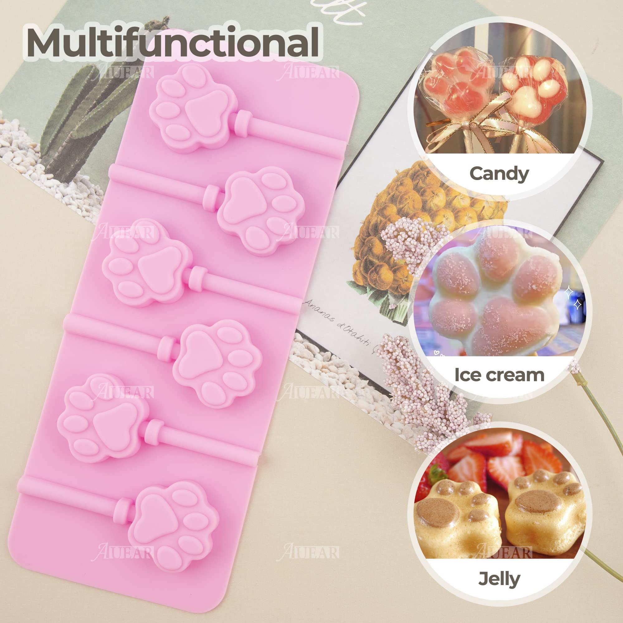 Auear, 2 Pack Paw Silicone Lollipops Mold With Sticks 6-Capacity Chocolate Hard Candy Mold Cat Dog Pet Paw Print Ice Cream Makin