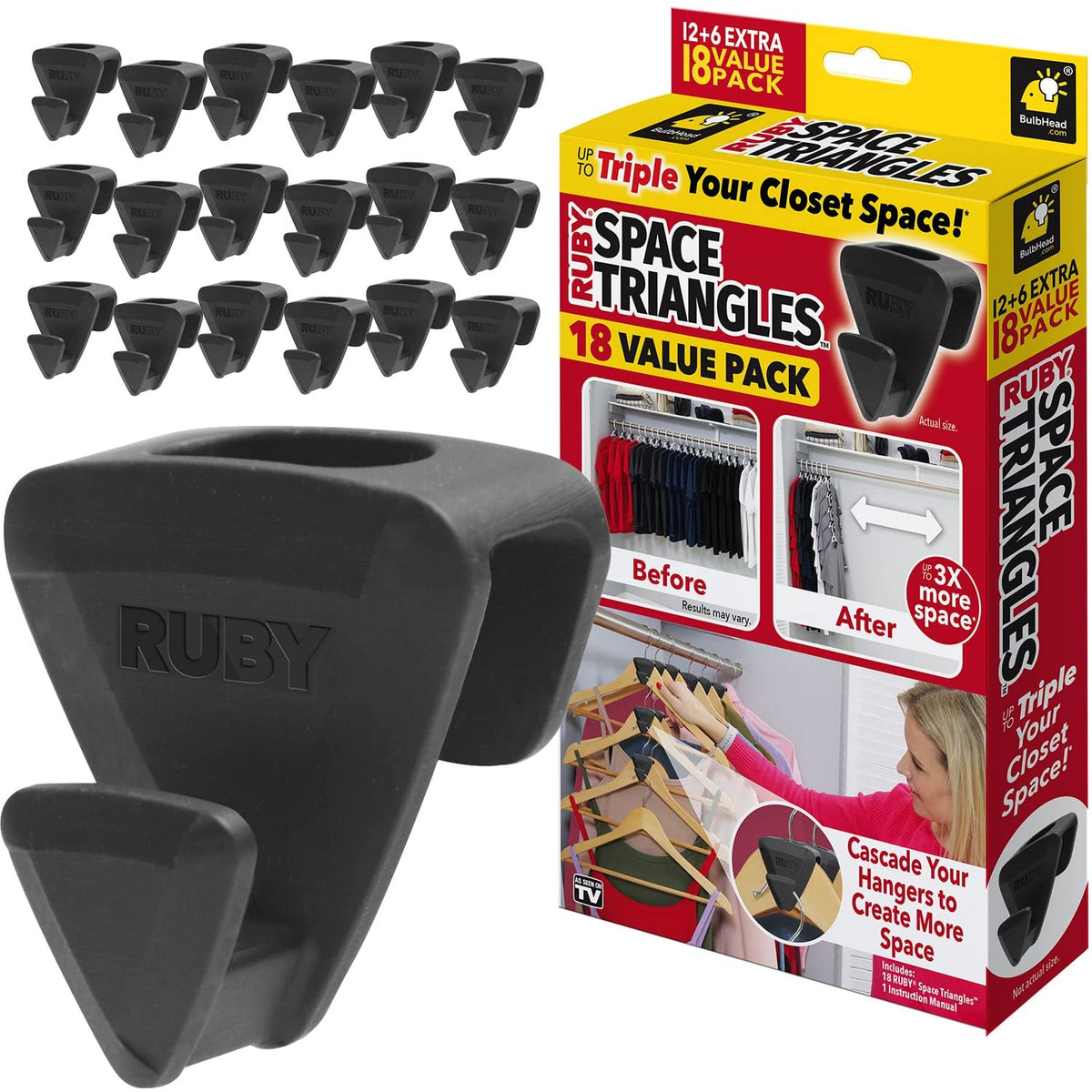 Original As-Seen-On-Tv Ruby Space Triangles, Ultra- Premium Hanger Hooks Triple Closet Space 18 Pc Value Pack, Black