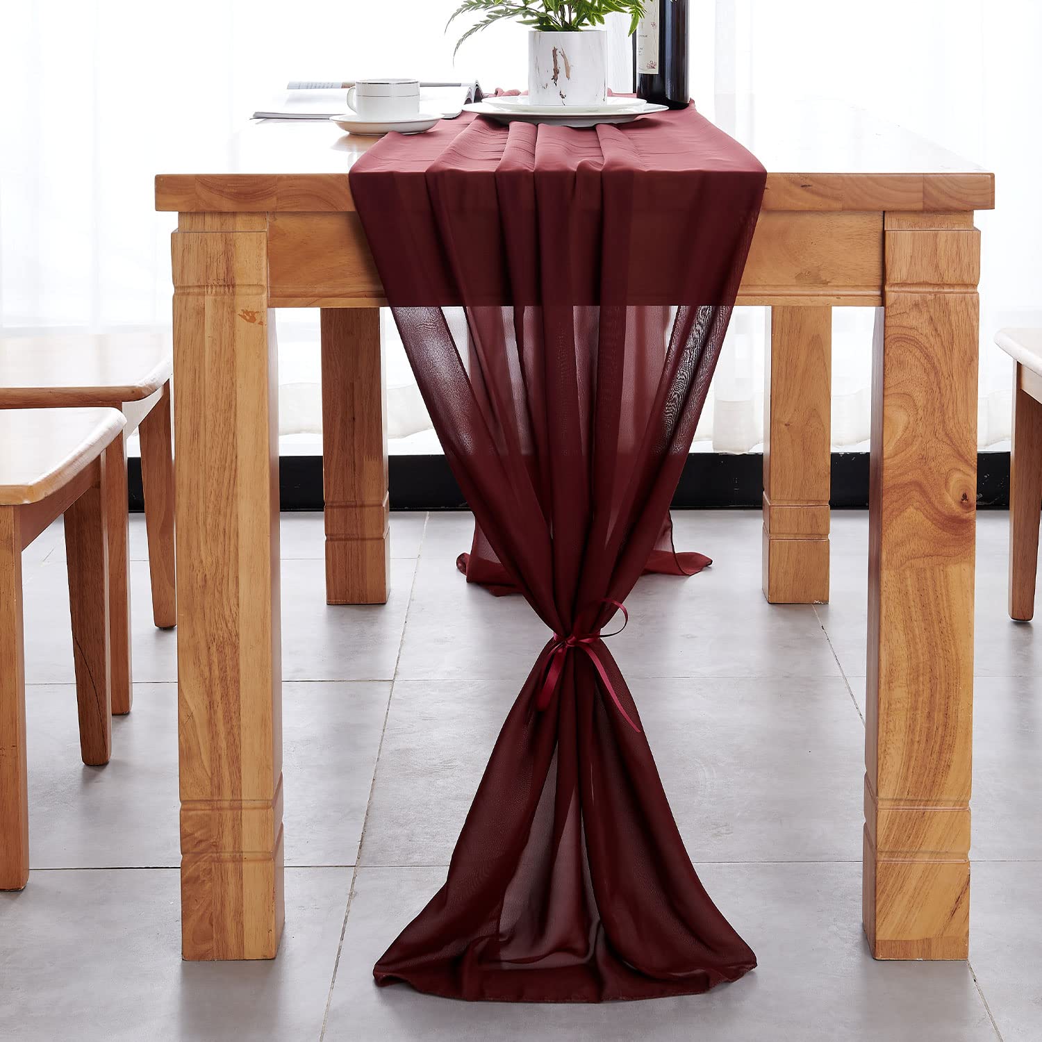 Delovo 4Packs Burgundy Chiffon Table Runner 27X120 Inches Long Sheer Fabric Table Runner For Wedding Party Banquets Bridal Home