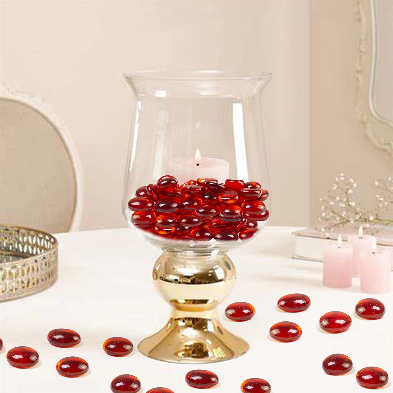 HappyFiller 5 LB Ruby Red Glass Gems Flat Marbles Gemstones for Vase Fillers,Floral Arrangement, Aquarium Pebble,Garden Landscap